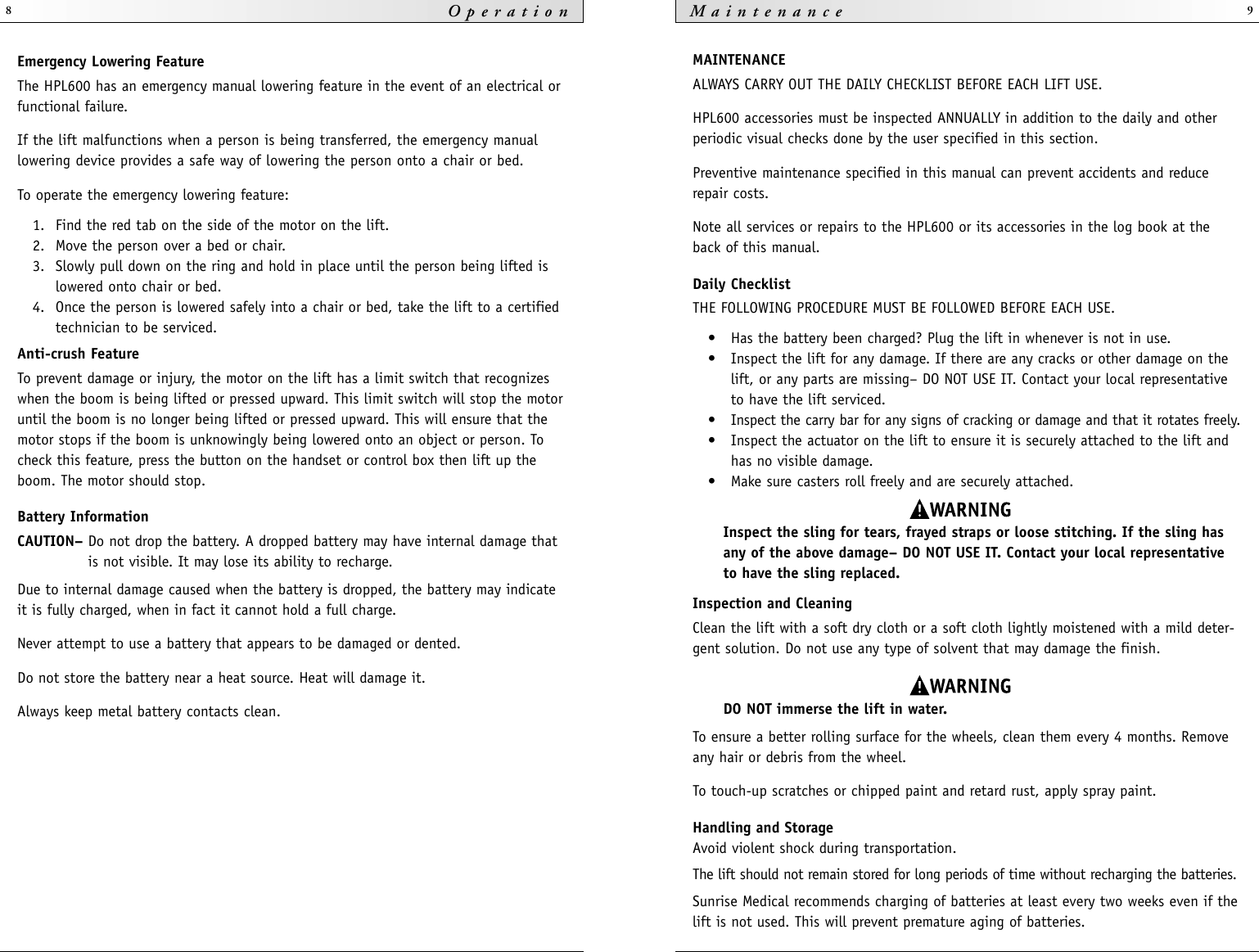 Page 5 of 9 - Sunrise-Medical Sunrise-Medical-Hpl600-Users-Manual- IM-459005RevA HPL600 Lift OM  Sunrise-medical-hpl600-users-manual