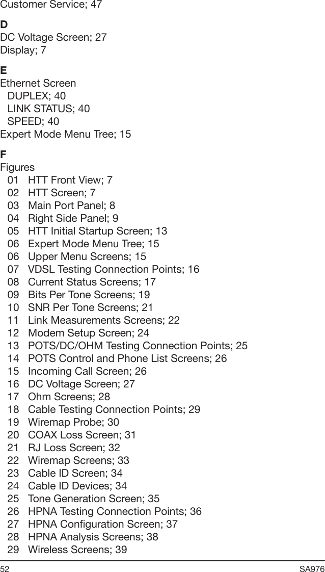 52 SA976 Customer Service; 47DDC Voltage Screen; 27Display; 7EEthernet ScreenDUPLEX; 40LINK STATUS; 40SPEED; 40Expert Mode Menu Tree; 15FFigures01   HTT Front View; 702   HTT Screen; 703   Main Port Panel; 804   Right Side Panel; 905   HTT Initial Startup Screen; 1306   Expert Mode Menu Tree; 1506   Upper Menu Screens; 1507   VDSL Testing Connection Points; 1608   Current Status Screens; 1709   Bits Per Tone Screens; 1910   SNR Per Tone Screens; 2111   Link Measurements Screens; 2212   Modem Setup Screen; 2413   POTS/DC/OHM Testing Connection Points; 2514   POTS Control and Phone List Screens; 2615   Incoming Call Screen; 2616   DC Voltage Screen; 2717   Ohm Screens; 2818   Cable Testing Connection Points; 2919   Wiremap Probe; 3020   COAX Loss Screen; 3121   RJ Loss Screen; 3222   Wiremap Screens; 3323   Cable ID Screen; 3424   Cable ID Devices; 3425   Tone Generation Screen; 3526   HPNA Testing Connection Points; 3627   HPNA Conguration Screen; 3728   HPNA Analysis Screens; 3829   Wireless Screens; 39