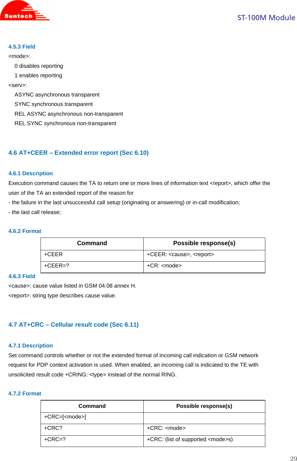                                                                                            ST-100M Module  294.5.3 Field &lt;mode&gt;: 0 disables reporting 1 enables reporting &lt;serv&gt;: ASYNC asynchronous transparent SYNC synchronous transparent REL ASYNC asynchronous non-transparent REL SYNC synchronous non-transparent   4.6 AT+CEER – Extended error report (Sec 6.10)  4.6.1 Description Execution command causes the TA to return one or more lines of information text &lt;report&gt;, which offer the user of the TA an extended report of the reason for - the failure in the last unsuccessful call setup (originating or answering) or in-call modification; - the last call release;  4.6.2 Format Command Possible response(s) +CEER  +CEER: &lt;cause&gt;, &lt;report&gt; +CEER=? +CR: &lt;mode&gt; 4.6.3 Field &lt;cause&gt;: cause value listed in GSM 04.08 annex H. &lt;report&gt;: string type describes cause value.   4.7 AT+CRC – Cellular result code (Sec 6.11)  4.7.1 Description Set command controls whether or not the extended format of incoming call indication or GSM network request for PDP context activation is used. When enabled, an incoming call is indicated to the TE with unsolicited result code +CRING: &lt;type&gt; instead of the normal RING.  4.7.2 Format Command Possible response(s) +CRC=[&lt;mode&gt;]  +CRC? +CRC: &lt;mode&gt; +CRC=?  +CRC: (list of supported &lt;mode&gt;s)  