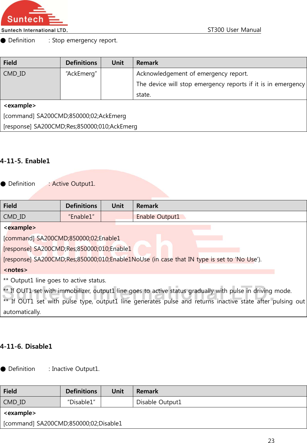                                                                                             ST300 User Manual 23  ● Definition    : Stop emergency report.  Field  Definitions  Unit  Remark CMD_ID  “AckEmerg”    Acknowledgement of emergency report. The device will stop emergency reports if it is in emergency state. &lt;example&gt; [command] SA200CMD;850000;02;AckEmerg [response] SA200CMD;Res;850000;010;AckEmerg   4-11-5. Enable1  ● Definition   : Active Output1.  Field  Definitions  Unit  Remark CMD_ID  “Enable1”    Enable Output1 &lt;example&gt; [command] SA200CMD;850000;02;Enable1 [response] SA200CMD;Res;850000;010;Enable1 [response] SA200CMD;Res;850000;010;Enable1NoUse (in case that IN type is set to ‘No Use’). &lt;notes&gt; ** Output1 line goes to active status. ** If OUT1 set with immobilizer, output1 line goes to active status gradually with pulse in driving mode. ** If OUT1 set with pulse type, output1 line generates pulse and returns inactive state after pulsing out automatically.   4-11-6. Disable1  ● Definition   : Inactive Output1.  Field  Definitions  Unit  Remark CMD_ID  “Disable1”    Disable Output1 &lt;example&gt; [command] SA200CMD;850000;02;Disable1 