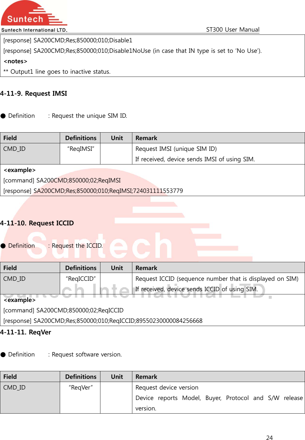                                                                                             ST300 User Manual 24  [response] SA200CMD;Res;850000;010;Disable1 [response] SA200CMD;Res;850000;010;Disable1NoUse (in case that IN type is set to ‘No Use’). &lt;notes&gt; ** Output1 line goes to inactive status.  4-11-9. Request IMSI  ● Definition   : Request the unique SIM ID.  Field  Definitions  Unit  Remark CMD_ID  “ReqIMSI”    Request IMSI (unique SIM ID) If received, device sends IMSI of using SIM. &lt;example&gt; [command] SA200CMD;850000;02;ReqIMSI [response] SA200CMD;Res;850000;010;ReqIMSI;724031111553779   4-11-10. Request ICCID  ● Definition   : Request the ICCID.  Field  Definitions  Unit  Remark CMD_ID  “ReqICCID”    Request ICCID (sequence number that is displayed on SIM) If received, device sends ICCID of using SIM. &lt;example&gt; [command] SA200CMD;850000;02;ReqICCID [response] SA200CMD;Res;850000;010;ReqICCID;89550230000084256668 4-11-11. ReqVer  ● Definition   : Request software version.  Field  Definitions  Unit  Remark CMD_ID  “ReqVer”    Request device version Device reports Model, Buyer, Protocol and S/W release version. 