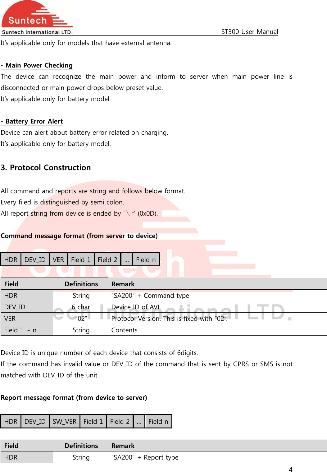                                                                                             ST300 User Manual 4  It’s applicable only for models that have external antenna.  - Main Power Checking The  device  can  recognize  the  main  power  and  inform  to  server  when  main  power  line  is disconnected or main power drops below preset value. It’s applicable only for battery model.  - Battery Error Alert Device can alert about battery error related on charging. It’s applicable only for battery model.  3. Protocol Construction  All command and reports are string and follows below format. Every filed is distinguished by semi colon. All report string from device is ended by ‘＼r’ (0x0D).  Command message format (from server to device)  HDR  DEV_ID  VER  Field 1  Field 2 …Field n Field  Definitions  Remark HDR  String  “SA200” + Command type DEV_ID  6 char.  Device ID of AVL VER  “02”  Protocol Version. This is fixed with “02”. Field 1 ~ n  String  Contents  Device ID is unique number of each device that consists of 6digits. If the command has invalid value or DEV_ID of the command that is sent by GPRS or SMS is not matched with DEV_ID of the unit.  Report message format (from device to server)  HDR  DEV_ID  SW_VER  Field 1  Field 2 …Field n Field  Definitions  Remark HDR  String  “SA200” + Report type 