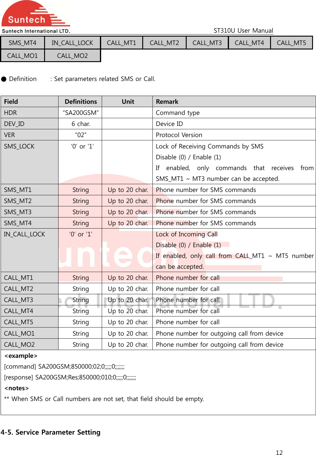                                                                                             ST310U User Manual 12  SMS_MT4  IN_CALL_LOCK  CALL_MT1  CALL_MT2  CALL_MT3  CALL_MT4  CALL_MT5 CALL_MO1  CALL_MO2  ● Definition    : Set parameters related SMS or Call.  Field  Definitions  Unit  Remark HDR  “SA200GSM”    Command type DEV_ID  6 char.    Device ID VER  “02”    Protocol Version SMS_LOCK    ‘0’ or ‘1’    Lock of Receiving Commands by SMS Disable (0) / Enable (1) If enabled, only commands that receives from SMS_MT1 ~ MT3 number can be accepted.  SMS_MT1  String  Up to 20 char. Phone number for SMS commands SMS_MT2  String  Up to 20 char. Phone number for SMS commands SMS_MT3  String  Up to 20 char. Phone number for SMS commands SMS_MT4  String  Up to 20 char. Phone number for SMS commands IN_CALL_LOCK  ‘0’ or ‘1’    Lock of Incoming Call Disable (0) / Enable (1) If  enabled,  only  call  from  CALL_MT1  ~  MT5  number can be accepted. CALL_MT1  String  Up to 20 char. Phone number for call CALL_MT2  String  Up to 20 char. Phone number for call CALL_MT3  String  Up to 20 char. Phone number for call CALL_MT4  String  Up to 20 char. Phone number for call CALL_MT5  String  Up to 20 char. Phone number for call CALL_MO1  String  Up to 20 char. Phone number for outgoing call from device CALL_MO2  String  Up to 20 char. Phone number for outgoing call from device &lt;example&gt; [command] SA200GSM;850000;02;0;;;;;0;;;;;;; [response] SA200GSM;Res;850000;010;0;;;;;0;;;;;;; &lt;notes&gt; ** When SMS or Call numbers are not set, that field should be empty.   4-5. Service Parameter Setting 
