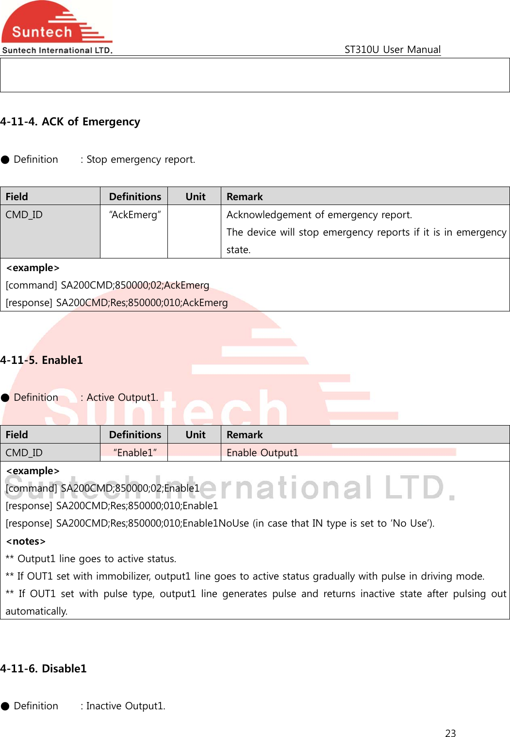                                                                                             ST310U User Manual 23    4-11-4. ACK of Emergency  ● Definition    : Stop emergency report.  Field  Definitions  Unit  Remark CMD_ID  “AckEmerg”    Acknowledgement of emergency report. The device will stop emergency reports if it is in emergency state. &lt;example&gt; [command] SA200CMD;850000;02;AckEmerg [response] SA200CMD;Res;850000;010;AckEmerg   4-11-5. Enable1  ● Definition   : Active Output1.  Field  Definitions  Unit  Remark CMD_ID  “Enable1”    Enable Output1 &lt;example&gt; [command] SA200CMD;850000;02;Enable1 [response] SA200CMD;Res;850000;010;Enable1 [response] SA200CMD;Res;850000;010;Enable1NoUse (in case that IN type is set to ‘No Use’). &lt;notes&gt; ** Output1 line goes to active status. ** If OUT1 set with immobilizer, output1 line goes to active status gradually with pulse in driving mode. ** If OUT1 set with pulse type, output1 line generates pulse and returns inactive state after pulsing out automatically.   4-11-6. Disable1  ● Definition   : Inactive Output1. 
