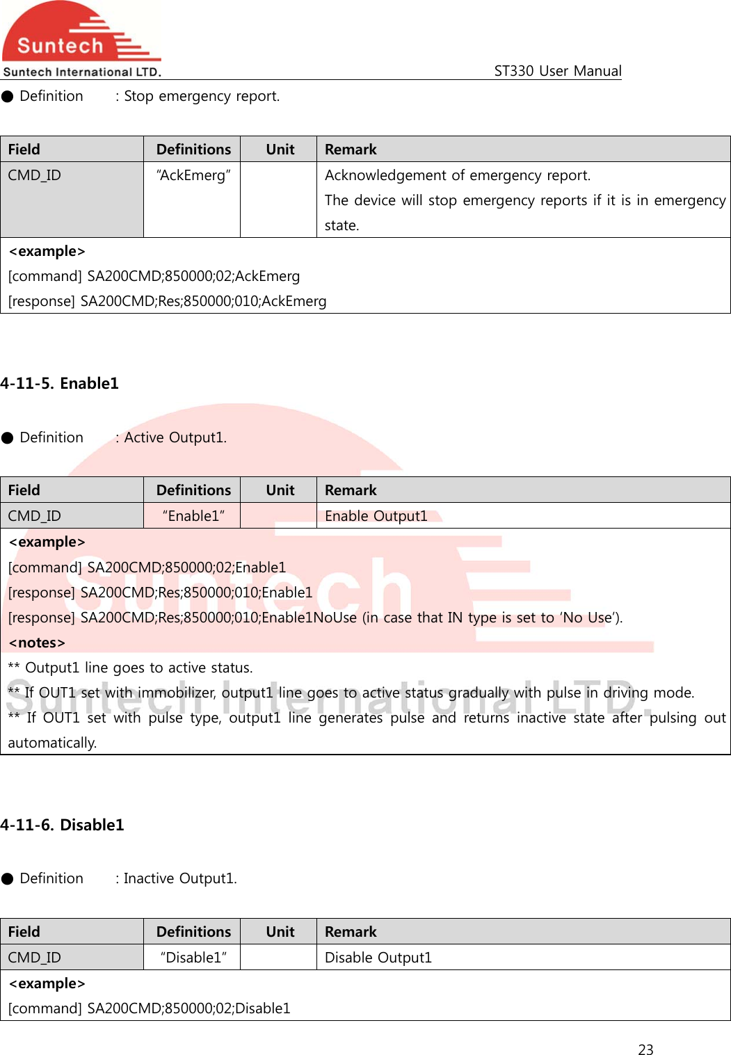                                                                                             ST330 User Manual 23  ● Definition    : Stop emergency report.  Field  Definitions  Unit  Remark CMD_ID  “AckEmerg”    Acknowledgement of emergency report. The device will stop emergency reports if it is in emergency state. &lt;example&gt; [command] SA200CMD;850000;02;AckEmerg [response] SA200CMD;Res;850000;010;AckEmerg   4-11-5. Enable1  ● Definition   : Active Output1.  Field  Definitions  Unit  Remark CMD_ID  “Enable1”    Enable Output1 &lt;example&gt; [command] SA200CMD;850000;02;Enable1 [response] SA200CMD;Res;850000;010;Enable1 [response] SA200CMD;Res;850000;010;Enable1NoUse (in case that IN type is set to ‘No Use’). &lt;notes&gt; ** Output1 line goes to active status. ** If OUT1 set with immobilizer, output1 line goes to active status gradually with pulse in driving mode. ** If OUT1 set with pulse type, output1 line generates pulse and returns inactive state after pulsing out automatically.   4-11-6. Disable1  ● Definition   : Inactive Output1.  Field  Definitions  Unit  Remark CMD_ID  “Disable1”    Disable Output1 &lt;example&gt; [command] SA200CMD;850000;02;Disable1 