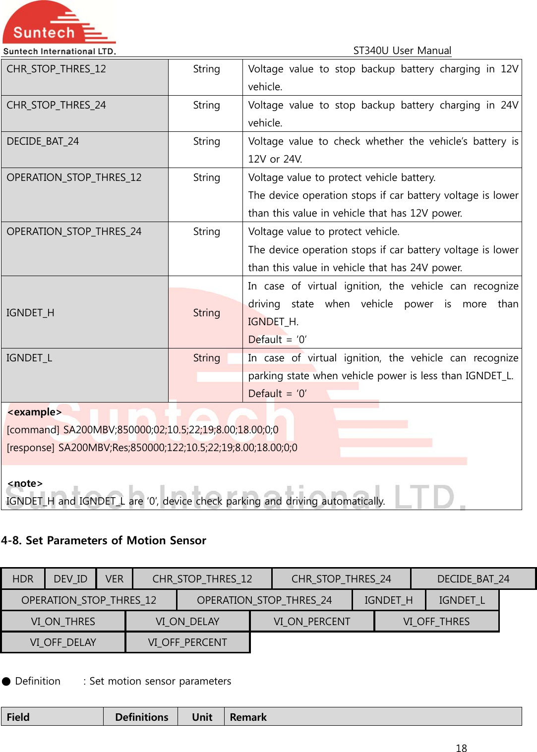                                                                                             ST340U User Manual 18  CHR_STOP_THRES_12  String  Voltage  value  to  stop  backup  battery  charging  in  12V vehicle. CHR_STOP_THRES_24  String  Voltage  value  to  stop  backup  battery  charging  in  24V vehicle. DECIDE_BAT_24  String  Voltage  value  to  check  whether  the  vehicle’s battery is 12V or 24V. OPERATION_STOP_THRES_12  String  Voltage value to protect vehicle battery. The device operation stops if car battery voltage is lower than this value in vehicle that has 12V power. OPERATION_STOP_THRES_24  String  Voltage value to protect vehicle. The device operation stops if car battery voltage is lower than this value in vehicle that has 24V power. IGNDET_H  String In case of virtual ignition, the vehicle can recognize driving  state  when  vehicle  power  is  more  than IGNDET_H. Default = ‘0’ IGNDET_L  String  In  case  of  virtual  ignition,  the  vehicle  can  recognize parking state when vehicle power is less than IGNDET_L.Default = ‘0’ &lt;example&gt; [command] SA200MBV;850000;02;10.5;22;19;8.00;18.00;0;0 [response] SA200MBV;Res;850000;122;10.5;22;19;8.00;18.00;0;0  &lt;note&gt; IGNDET_H and IGNDET_L are ‘0’, device check parking and driving automatically.  4-8. Set Parameters of Motion Sensor  HDR  DEV_ID  VER  CHR_STOP_THRES_12  CHR_STOP_THRES_24  DECIDE_BAT_24 OPERATION_STOP_THRES_12  OPERATION_STOP_THRES_24  IGNDET_H  IGNDET_L VI_ON_THRES  VI_ON_DELAY  VI_ON_PERCENT  VI_OFF_THRES VI_OFF_DELAY  VI_OFF_PERCENT  ● Definition   : Set motion sensor parameters  Field  Definitions  Unit  Remark 