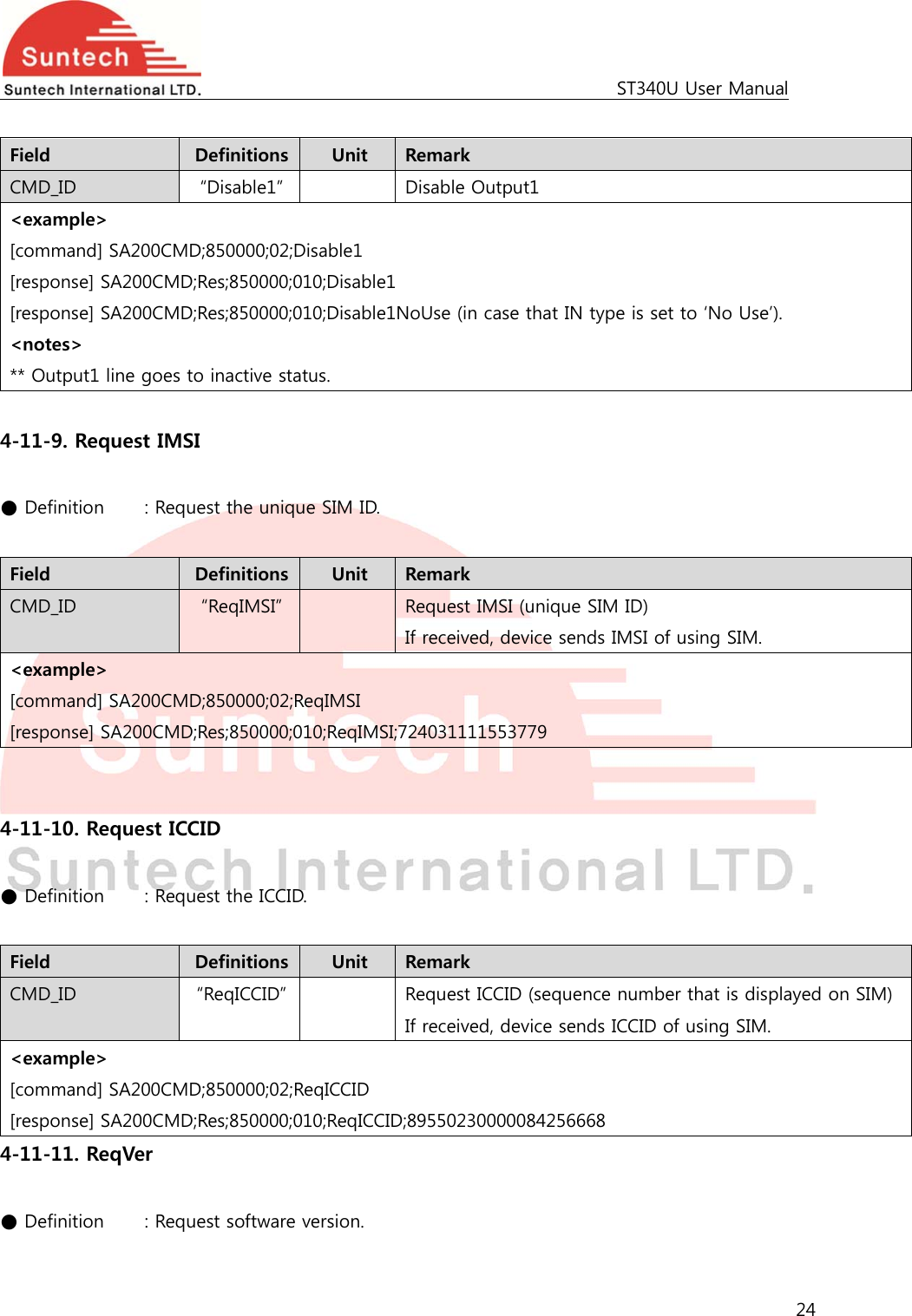                                                                                             ST340U User Manual 24   Field  Definitions  Unit  Remark CMD_ID  “Disable1”    Disable Output1 &lt;example&gt; [command] SA200CMD;850000;02;Disable1 [response] SA200CMD;Res;850000;010;Disable1 [response] SA200CMD;Res;850000;010;Disable1NoUse (in case that IN type is set to ‘No Use’). &lt;notes&gt; ** Output1 line goes to inactive status.  4-11-9. Request IMSI  ● Definition   : Request the unique SIM ID.  Field  Definitions  Unit  Remark CMD_ID  “ReqIMSI”    Request IMSI (unique SIM ID) If received, device sends IMSI of using SIM. &lt;example&gt; [command] SA200CMD;850000;02;ReqIMSI [response] SA200CMD;Res;850000;010;ReqIMSI;724031111553779   4-11-10. Request ICCID  ● Definition   : Request the ICCID.  Field  Definitions  Unit  Remark CMD_ID  “ReqICCID”    Request ICCID (sequence number that is displayed on SIM) If received, device sends ICCID of using SIM. &lt;example&gt; [command] SA200CMD;850000;02;ReqICCID [response] SA200CMD;Res;850000;010;ReqICCID;89550230000084256668 4-11-11. ReqVer  ● Definition   : Request software version.  