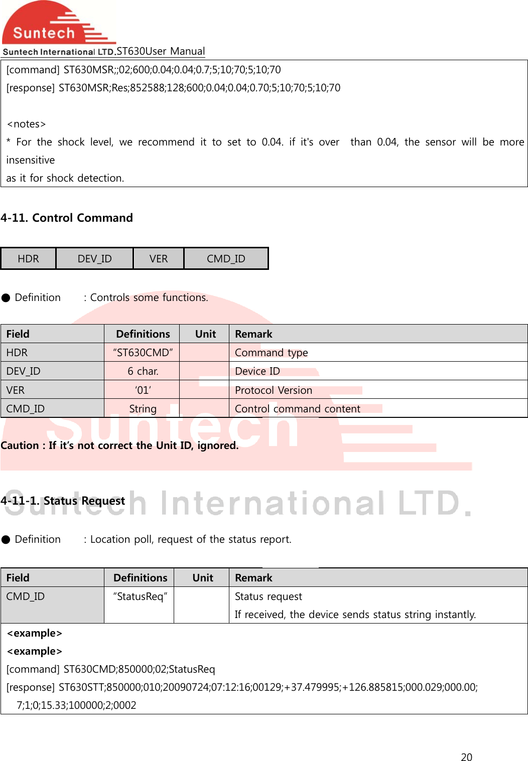  [comm[respon &lt;notes*  For tinsensias it fo 4-11. C HDR ● Defin Field HDR DEV_IDVER CMD_I Caution  4-11-1. ● Defin Field CMD_I&lt;exam&lt;exam[comm[respon7;1;0 mand] ST630Mnse] ST630Ms&gt; the shock letive  or shock deteControl ComR DEVnition    : CD D n : If it’s not. Status Renition    : LD mple&gt; mple&gt; mand] ST630Cnse] ST630ST0;15.33;10000ST630UMSR;;02;600MSR;Res;8525evel,  we  recection. mmand V_ID VControls somDefinit“ST630C6 cha‘01’Strint correct theequest Location pollDefiniti“StatusRCMD;850000TT;850000;0100;2;0002 User Manual;0.04;0.04;0.7588;128;600;commend  itVER me functionsions  UnCMD” ar. ’ g e Unit ID, igl, request of ons  UnReq” 0;02;StatusRe10;200907247;5;10;70;5;100.04;0.04;0.7 to set to 0CMD_ID . nit  RemaCommDeviceProtocContronored. the status rit  RemaStatusIf receeq 4;07:12:16;000;70 70;5;10;70;5;10.04.  if  it&apos;s rk mand type e ID col Versionol commandreport. rk s request eived, the de0129;+37.47910;70 over  than d content evice sends s9995;+126.880.04,  the  sestatus string85815;000.020 ensor  will b instantly. 29;000.00; be  more 
