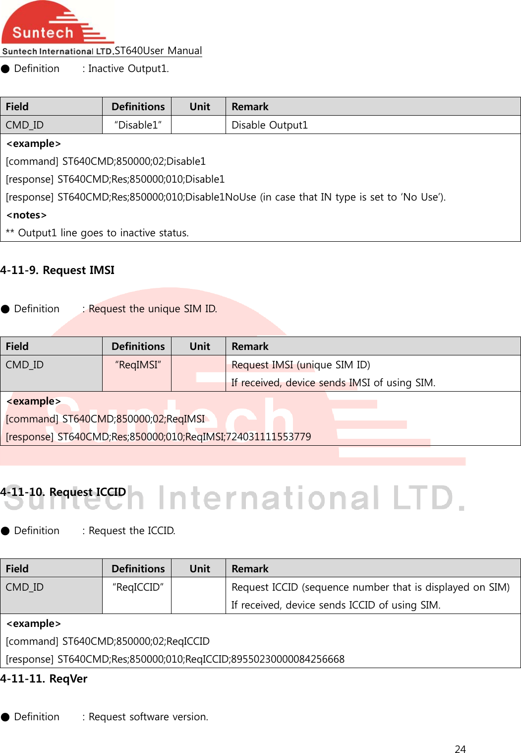  ● Defin Field CMD_I&lt;exam[comm[respon[respon&lt;notes** Outp 4-11-9. ● Defin Field CMD_I&lt;exam[comm[respon  4-11-10 ● Defin Field CMD_I&lt;exam[comm[respon4-11-11 ● Definnition    : ID mple&gt; mand] ST640Cnse] ST640Cnse] ST640Cs&gt; put1 line go. Request Inition    : RD mple&gt; mand] ST640Cnse] ST640C0. Requestnition    : RD mple&gt; mand] ST640Cnse] ST640C1. ReqVer nition    : RST640Unactive OutpDefiniti“DisableCMD;850000MD;Res;8500MD;Res;8500oes to inactivIMSI Request the Definiti“ReqIMCMD;850000MD;Res;8500t ICCID Request the Definiti“ReqICCCMD;850000MD;Res;8500Request softwUser Manualput1. ons  Une1” 0;02;Disable1000;010;Disa000;010;Disave status. unique SIM ons  UnMSI” 0;02;ReqIMSI000;010;ReqIICCID. ons  UnCID” 0;02;ReqICCI000;010;ReqIware versionit  RemaDisabl1 able1 able1NoUse ID. it  RemaRequeIf receI IMSI;724031it  RemaRequeIf receD ICCID;89550n. rk le Output1(in case thatrk est IMSI (unieived, device1111553779rk est ICCID (seeived, device02300000842t IN type is que SIM ID)e sends IMSIequence nume sends ICCID256668 set to ‘No U) I of using SIMmber that is D of using S24 Use’). M. displayed onSIM. n SIM) 