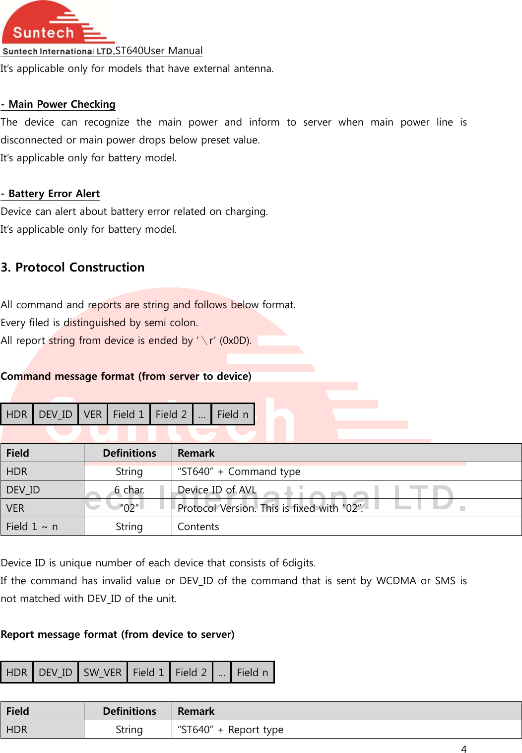  It’s appl - Main The  devdisconnIt’s appl - BatterDevice cIt’s appl 3. Prot All commEvery filAll repo Comma HDR  Field HDR DEV_IDVER Field 1 Device IIf the conot mat Report  HDR  Field HDR icable only fPower Checvice  can  reected or maicable only fry Error Alercan alert aboicable only ftocol Conmand and reed is distingrt string fromand messageDEV_ID  VED  ~ n ID is unique ommand hatched with Dmessage foDEV_ID  SWST640Ufor models tcking ecognize  theain power drfor battery mrt out battery efor battery mstruction eports are stguished by sm device is e format (frER  Field 1 DefinitionString 6 char. “02” String number of s invalid valDEV_ID of theormat (fromW_VER  FielDefinitionString User Manualthat have exte main powrops below pmodel. error relatedmodel. tring and fosemi colon.ended by ‘＼rom server tField 2…ns  Rema“ST64DeviceProtocConteeach device lue or DEV_Ie unit.  device to sd 1  Field 2ns  Rema“ST64ternal antenwer  and  infpreset value.d on charginllows below ＼r’ (0x0D).to device)…Field nark 0” + Comme ID of AVLcol Version. ents that consistID of the coserver) 2…Field ark 0” + Reportna. form  to  ser g. format. and type This is fixedts of 6digits.ommand thantype rver  when  with “02”. . at is sent bymain  powey WCDMA o4 r  line  is or SMS is 