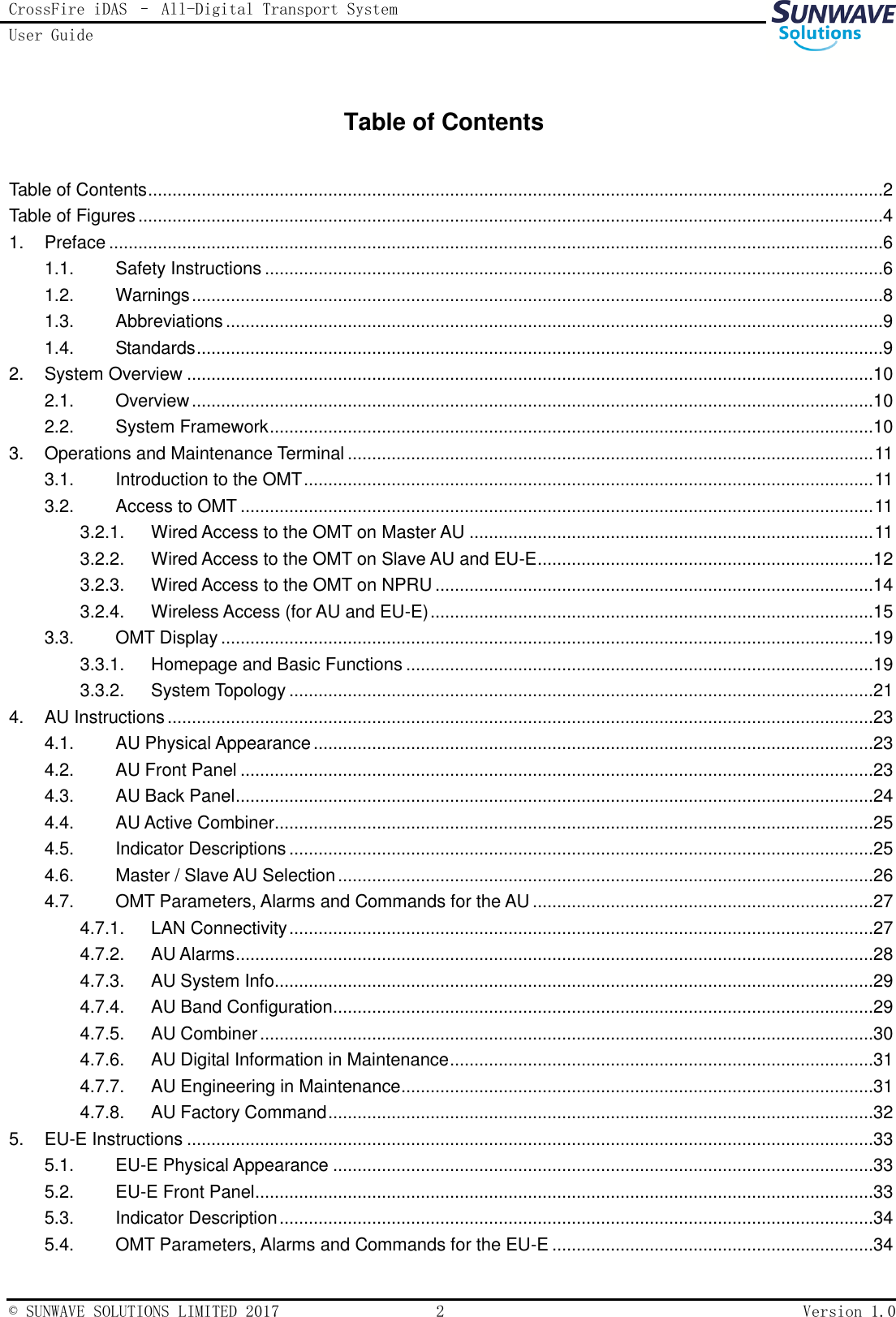 CrossFire iDAS – All-Digital Transport System User Guide   © SUNWAVE SOLUTIONS LIMITED 2017  2  Version 1.0  Table of Contents Table of Contents .......................................................................................................................................................2 Table of Figures .........................................................................................................................................................4 1.  Preface ...............................................................................................................................................................6 1.1.  Safety Instructions ...............................................................................................................................6 1.2.  Warnings ..............................................................................................................................................8 1.3.  Abbreviations .......................................................................................................................................9 1.4.  Standards .............................................................................................................................................9 2.  System Overview .............................................................................................................................................10 2.1.  Overview ............................................................................................................................................10 2.2.  System Framework ............................................................................................................................10 3.  Operations and Maintenance Terminal ............................................................................................................ 11 3.1.  Introduction to the OMT ..................................................................................................................... 11 3.2.  Access to OMT .................................................................................................................................. 11 3.2.1.  Wired Access to the OMT on Master AU ................................................................................... 11 3.2.2.  Wired Access to the OMT on Slave AU and EU-E .....................................................................12 3.2.3.  Wired Access to the OMT on NPRU ..........................................................................................14 3.2.4.  Wireless Access (for AU and EU-E) ...........................................................................................15 3.3.  OMT Display ......................................................................................................................................19 3.3.1.  Homepage and Basic Functions ................................................................................................19 3.3.2.  System Topology ........................................................................................................................21 4.  AU Instructions .................................................................................................................................................23 4.1.  AU Physical Appearance ...................................................................................................................23 4.2.  AU Front Panel ..................................................................................................................................23 4.3.  AU Back Panel ...................................................................................................................................24 4.4.  AU Active Combiner...........................................................................................................................25 4.5.  Indicator Descriptions ........................................................................................................................25 4.6.  Master / Slave AU Selection ..............................................................................................................26 4.7.  OMT Parameters, Alarms and Commands for the AU ......................................................................27 4.7.1.  LAN Connectivity ........................................................................................................................27 4.7.2.  AU Alarms ...................................................................................................................................28 4.7.3.  AU System Info...........................................................................................................................29 4.7.4.  AU Band Configuration ...............................................................................................................29 4.7.5.  AU Combiner ..............................................................................................................................30 4.7.6.  AU Digital Information in Maintenance .......................................................................................31 4.7.7.  AU Engineering in Maintenance .................................................................................................31 4.7.8.  AU Factory Command ................................................................................................................32 5. EU-E Instructions .............................................................................................................................................33 5.1.  EU-E Physical Appearance ...............................................................................................................33 5.2.  EU-E Front Panel ...............................................................................................................................33 5.3.  Indicator Description ..........................................................................................................................34 5.4.  OMT Parameters, Alarms and Commands for the EU-E ..................................................................34 