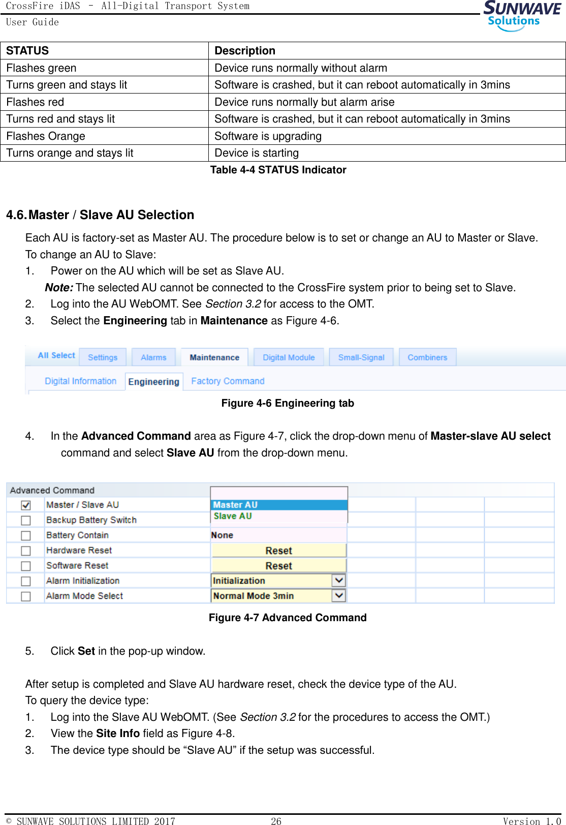 CrossFire iDAS – All-Digital Transport System User Guide   © SUNWAVE SOLUTIONS LIMITED 2017  26  Version 1.0  STATUS Description Flashes green Device runs normally without alarm Turns green and stays lit Software is crashed, but it can reboot automatically in 3mins Flashes red Device runs normally but alarm arise Turns red and stays lit Software is crashed, but it can reboot automatically in 3mins Flashes Orange Software is upgrading Turns orange and stays lit Device is starting Table 4-4 STATUS Indicator  4.6. Master / Slave AU Selection Each AU is factory-set as Master AU. The procedure below is to set or change an AU to Master or Slave. To change an AU to Slave: 1.  Power on the AU which will be set as Slave AU. Note: The selected AU cannot be connected to the CrossFire system prior to being set to Slave. 2.  Log into the AU WebOMT. See Section 3.2 for access to the OMT. 3.  Select the Engineering tab in Maintenance as Figure 4-6.   Figure 4-6 Engineering tab  4.  In the Advanced Command area as Figure 4-7, click the drop-down menu of Master-slave AU select command and select Slave AU from the drop-down menu.   Figure 4-7 Advanced Command  5.  Click Set in the pop-up window.  After setup is completed and Slave AU hardware reset, check the device type of the AU. To query the device type: 1.  Log into the Slave AU WebOMT. (See Section 3.2 for the procedures to access the OMT.) 2.  View the Site Info field as Figure 4-8. 3. The device type should be “Slave AU” if the setup was successful.   