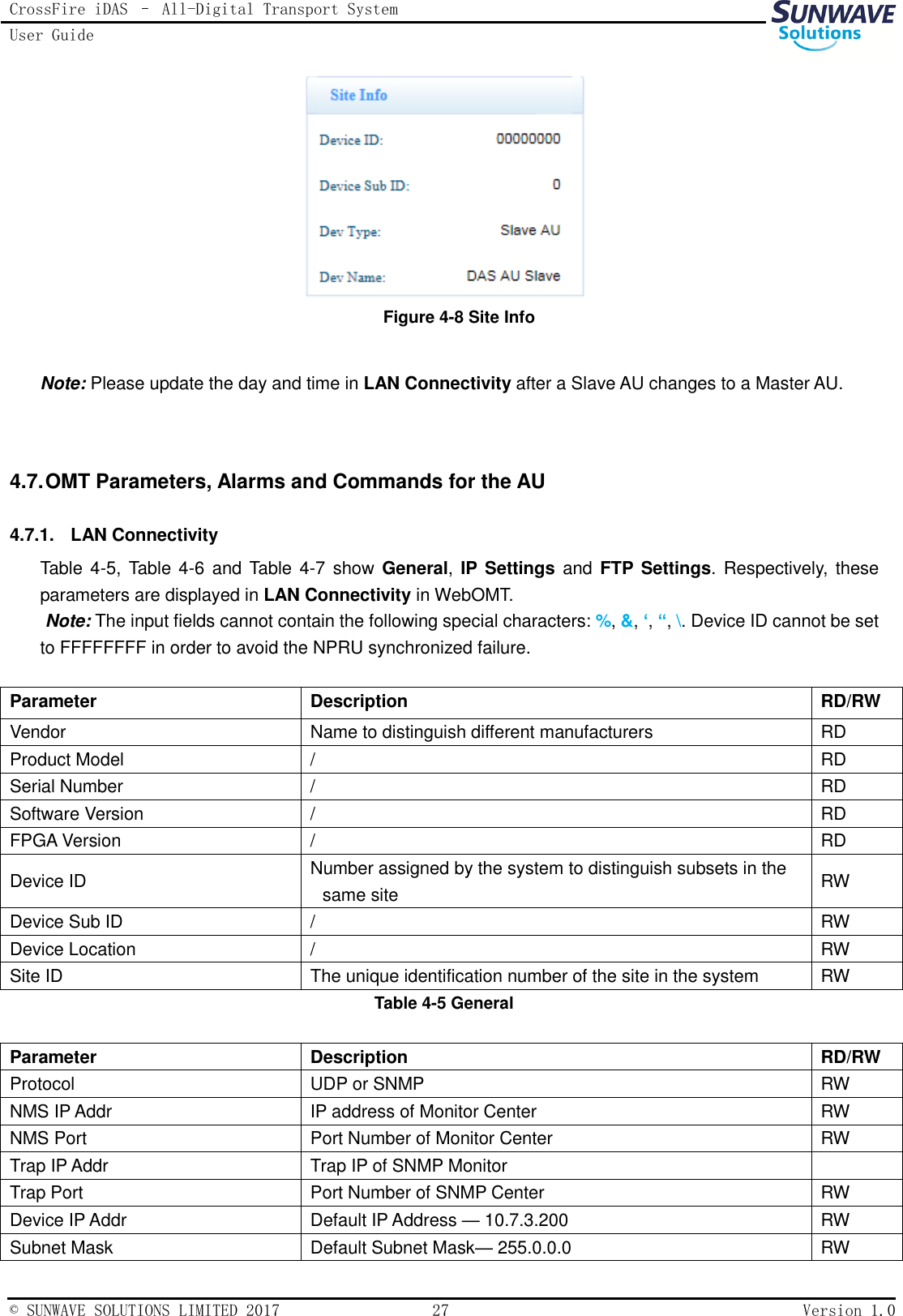 CrossFire iDAS – All-Digital Transport System User Guide   © SUNWAVE SOLUTIONS LIMITED 2017  27  Version 1.0   Figure 4-8 Site Info  Note: Please update the day and time in LAN Connectivity after a Slave AU changes to a Master AU.   4.7. OMT Parameters, Alarms and Commands for the AU 4.7.1.  LAN Connectivity Table 4-5,  Table 4-6  and Table 4-7 show General,  IP Settings and  FTP Settings. Respectively,  these parameters are displayed in LAN Connectivity in WebOMT. Note: The input fields cannot contain the following special characters: %, &amp;, ‘, “, \. Device ID cannot be set to FFFFFFFF in order to avoid the NPRU synchronized failure.  Parameter Description RD/RW Vendor Name to distinguish different manufacturers RD Product Model / RD Serial Number   / RD Software Version / RD FPGA Version / RD Device ID Number assigned by the system to distinguish subsets in the same site RW Device Sub ID / RW Device Location / RW Site ID The unique identification number of the site in the system RW Table 4-5 General  Parameter Description RD/RW Protocol UDP or SNMP RW NMS IP Addr IP address of Monitor Center   RW NMS Port   Port Number of Monitor Center   RW Trap IP Addr Trap IP of SNMP Monitor  Trap Port Port Number of SNMP Center RW Device IP Addr Default IP Address — 10.7.3.200 RW Subnet Mask Default Subnet Mask— 255.0.0.0 RW 