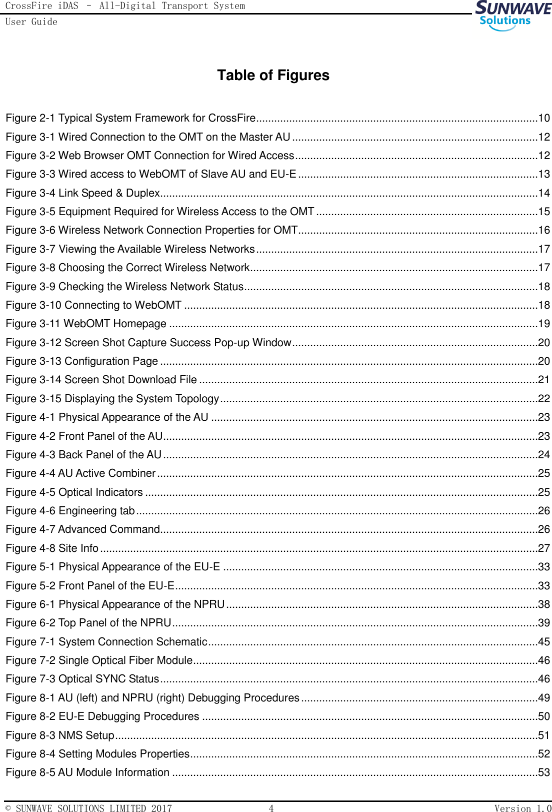 CrossFire iDAS – All-Digital Transport System User Guide   © SUNWAVE SOLUTIONS LIMITED 2017  4  Version 1.0  Table of Figures Figure 2-1 Typical System Framework for CrossFire ..............................................................................................10 Figure 3-1 Wired Connection to the OMT on the Master AU ..................................................................................12 Figure 3-2 Web Browser OMT Connection for Wired Access .................................................................................12 Figure 3-3 Wired access to WebOMT of Slave AU and EU-E ................................................................................13 Figure 3-4 Link Speed &amp; Duplex..............................................................................................................................14 Figure 3-5 Equipment Required for Wireless Access to the OMT ..........................................................................15 Figure 3-6 Wireless Network Connection Properties for OMT ................................................................................16 Figure 3-7 Viewing the Available Wireless Networks ..............................................................................................17 Figure 3-8 Choosing the Correct Wireless Network ................................................................................................17 Figure 3-9 Checking the Wireless Network Status ..................................................................................................18 Figure 3-10 Connecting to WebOMT ......................................................................................................................18 Figure 3-11 WebOMT Homepage ...........................................................................................................................19 Figure 3-12 Screen Shot Capture Success Pop-up Window ..................................................................................20 Figure 3-13 Configuration Page ..............................................................................................................................20 Figure 3-14 Screen Shot Download File .................................................................................................................21 Figure 3-15 Displaying the System Topology ..........................................................................................................22 Figure 4-1 Physical Appearance of the AU .............................................................................................................23 Figure 4-2 Front Panel of the AU .............................................................................................................................23 Figure 4-3 Back Panel of the AU .............................................................................................................................24 Figure 4-4 AU Active Combiner ...............................................................................................................................25 Figure 4-5 Optical Indicators ...................................................................................................................................25 Figure 4-6 Engineering tab ......................................................................................................................................26 Figure 4-7 Advanced Command..............................................................................................................................26 Figure 4-8 Site Info ..................................................................................................................................................27 Figure 5-1 Physical Appearance of the EU-E .........................................................................................................33 Figure 5-2 Front Panel of the EU-E .........................................................................................................................33 Figure 6-1 Physical Appearance of the NPRU ........................................................................................................38 Figure 6-2 Top Panel of the NPRU ..........................................................................................................................39 Figure 7-1 System Connection Schematic ..............................................................................................................45 Figure 7-2 Single Optical Fiber Module ...................................................................................................................46 Figure 7-3 Optical SYNC Status ..............................................................................................................................46 Figure 8-1 AU (left) and NPRU (right) Debugging Procedures ...............................................................................49 Figure 8-2 EU-E Debugging Procedures ................................................................................................................50 Figure 8-3 NMS Setup .............................................................................................................................................51 Figure 8-4 Setting Modules Properties ....................................................................................................................52 Figure 8-5 AU Module Information ..........................................................................................................................53 