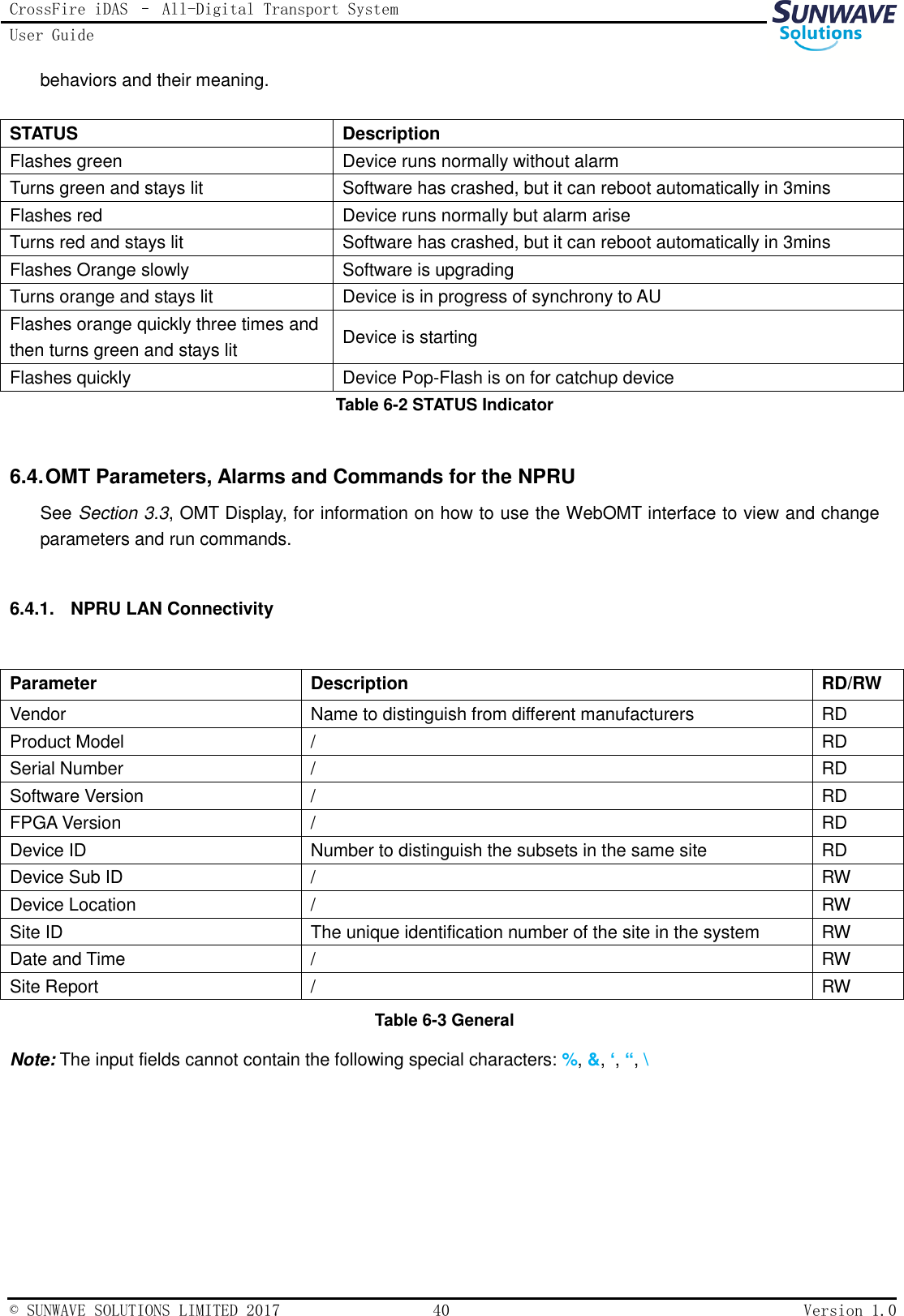 CrossFire iDAS – All-Digital Transport System User Guide   © SUNWAVE SOLUTIONS LIMITED 2017  40  Version 1.0  behaviors and their meaning.  STATUS Description Flashes green Device runs normally without alarm Turns green and stays lit Software has crashed, but it can reboot automatically in 3mins Flashes red Device runs normally but alarm arise Turns red and stays lit Software has crashed, but it can reboot automatically in 3mins Flashes Orange slowly Software is upgrading Turns orange and stays lit Device is in progress of synchrony to AU Flashes orange quickly three times and then turns green and stays lit Device is starting Flashes quickly Device Pop-Flash is on for catchup device Table 6-2 STATUS Indicator  6.4. OMT Parameters, Alarms and Commands for the NPRU See Section 3.3, OMT Display, for information on how to use the WebOMT interface to view and change parameters and run commands.  6.4.1.  NPRU LAN Connectivity  Parameter Description RD/RW Vendor   Name to distinguish from different manufacturers RD Product Model / RD Serial Number / RD Software Version / RD FPGA Version / RD Device ID Number to distinguish the subsets in the same site RD Device Sub ID / RW Device Location / RW Site ID The unique identification number of the site in the system RW Date and Time / RW Site Report / RW Table 6-3 General Note: The input fields cannot contain the following special characters: %, &amp;, ‘, “, \    