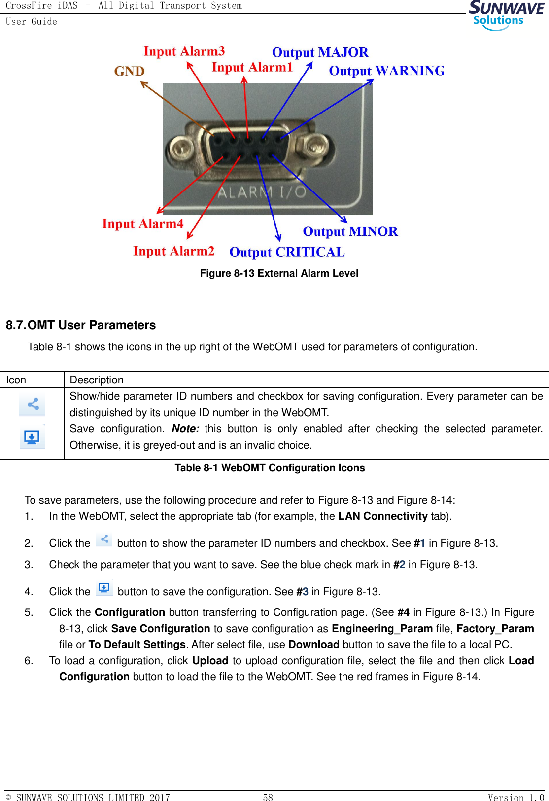 CrossFire iDAS – All-Digital Transport System User Guide   © SUNWAVE SOLUTIONS LIMITED 2017  58  Version 1.0   Figure 8-13 External Alarm Level  8.7. OMT User Parameters Table 8-1 shows the icons in the up right of the WebOMT used for parameters of configuration.    Icon Description  Show/hide parameter ID numbers and checkbox for saving configuration. Every parameter can be distinguished by its unique ID number in the WebOMT.  Save  configuration.  Note:  this  button  is  only  enabled  after  checking  the  selected  parameter. Otherwise, it is greyed-out and is an invalid choice. Table 8-1 WebOMT Configuration Icons  To save parameters, use the following procedure and refer to Figure 8-13 and Figure 8-14: 1.  In the WebOMT, select the appropriate tab (for example, the LAN Connectivity tab). 2.  Click the    button to show the parameter ID numbers and checkbox. See #1 in Figure 8-13. 3.  Check the parameter that you want to save. See the blue check mark in #2 in Figure 8-13.   4.  Click the    button to save the configuration. See #3 in Figure 8-13. 5.  Click the Configuration button transferring to Configuration page. (See #4 in Figure 8-13.) In Figure 8-13, click Save Configuration to save configuration as Engineering_Param file, Factory_Param file or To Default Settings. After select file, use Download button to save the file to a local PC.   6.  To load a configuration, click Upload to upload configuration file, select the file and then click Load Configuration button to load the file to the WebOMT. See the red frames in Figure 8-14. 