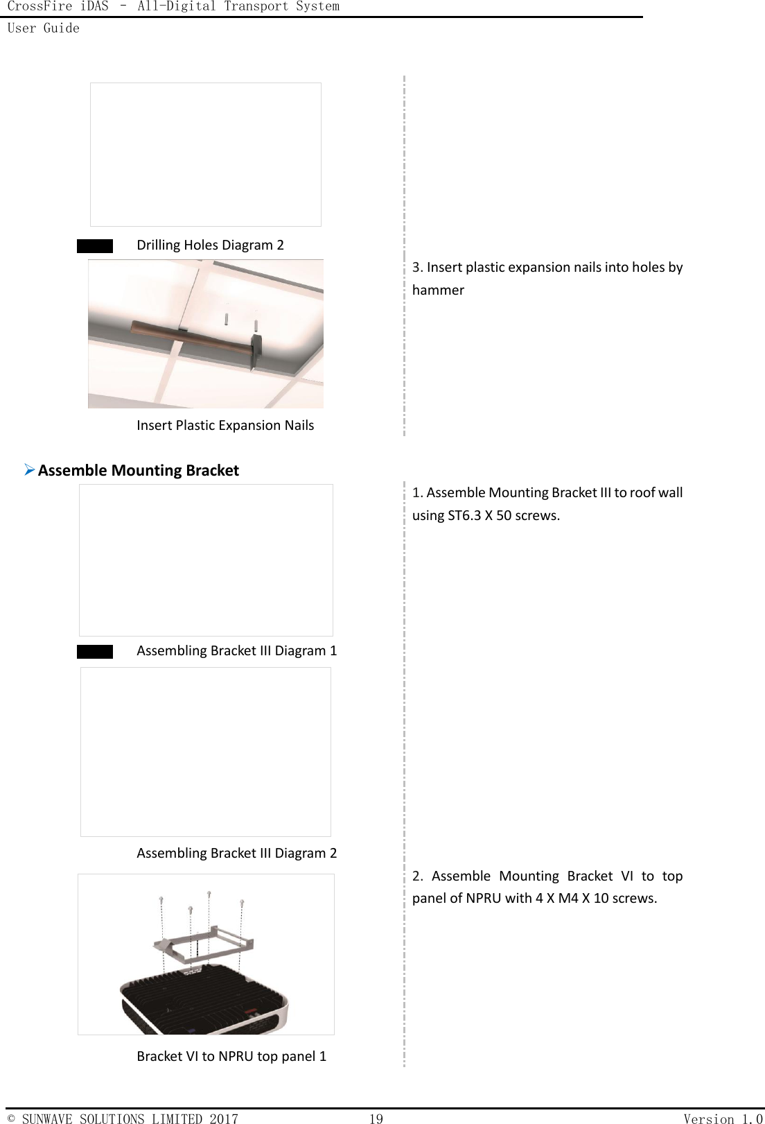 CrossFire iDAS – All-Digital Transport System User Guide    © SUNWAVE SOLUTIONS LIMITED 2017  19  Version 1.0    Drilling Holes Diagram 2    Insert Plastic Expansion Nails 3. Insert plastic expansion nails into holes by hammer   Assemble Mounting Bracket   Assembling Bracket III Diagram 1   Assembling Bracket III Diagram 2 1. Assemble Mounting Bracket III to roof wall using ST6.3 X 50 screws.   Bracket VI to NPRU top panel 1 2.  Assemble  Mounting  Bracket  VI  to  top panel of NPRU with 4 X M4 X 10 screws. 