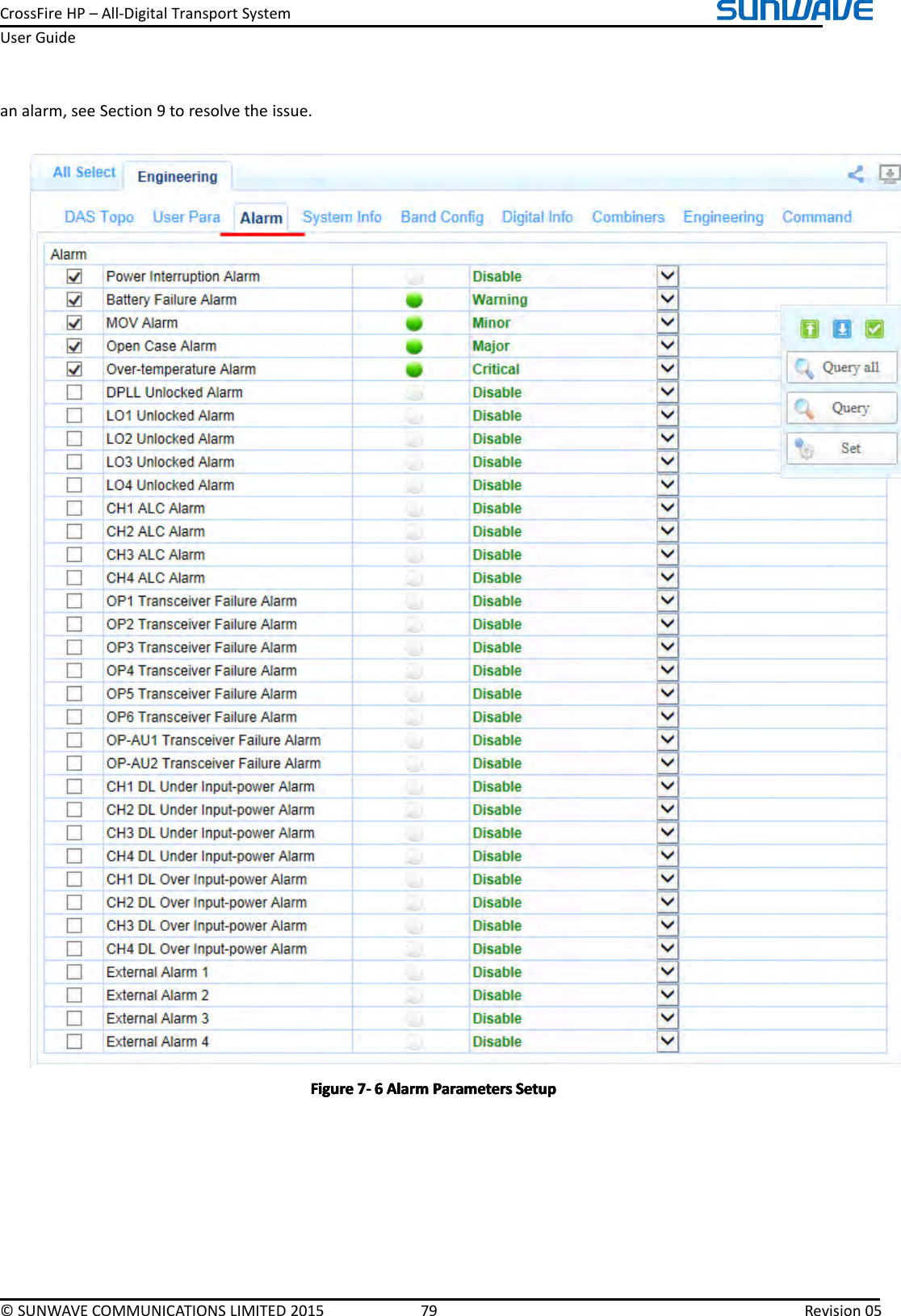 CrossFireHP–All-DigitalTransportSystemUserGuide©SUNWAVECOMMUNICATIONSLIMITED201579Revision05analarm,seeSection9toresolvetheissue.FigureFigureFigureFigure7777----6666AlarmA larmAlarmAlarmParametersP arametersParametersParametersSetupS etupSetupSetup