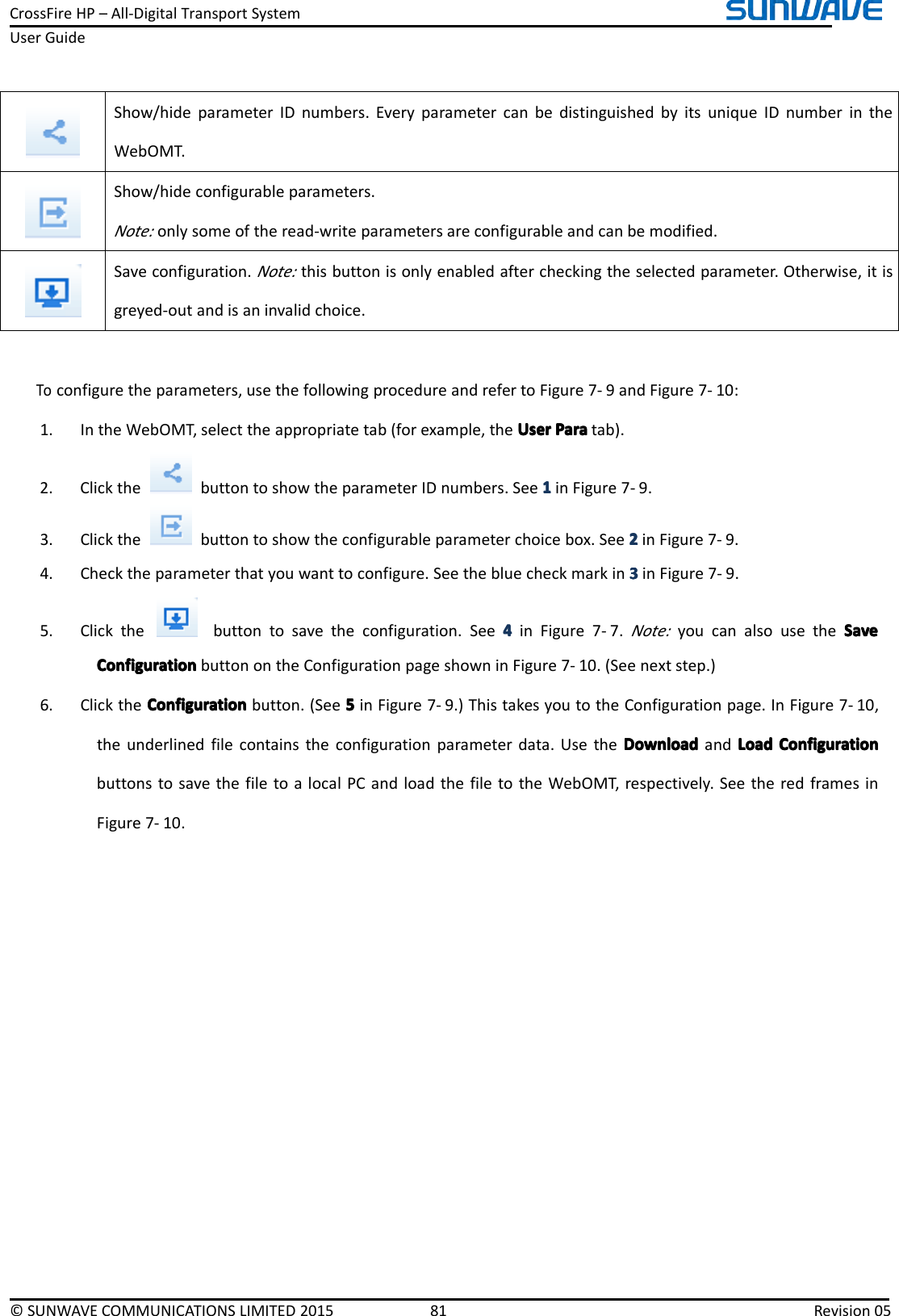 CrossFireHP–All-DigitalTransportSystemUserGuide©SUNWAVECOMMUNICATIONSLIMITED201581Revision05Show/hideparameterIDnumbers.EveryparametercanbedistinguishedbyitsuniqueIDnumberintheWebOMT.Show/hideconfigurableparameters.Note:onlysomeoftheread-writeparametersareconfigurableandcanbemodified.Saveconfiguration.Note:thisbuttonisonlyenabledaftercheckingtheselectedparameter.Otherwise,itisgreyed-outandisaninvalidchoice.Toconfiguretheparameters,usethefollowingprocedureandrefertoFigure7-9andFigure7-10:1.IntheWebOMT,selecttheappropriatetab(forexample,theUserU serUserUserParaP araParaParatab).2.ClickthebuttontoshowtheparameterIDnumbers.See1111inFigure7-9.3.Clickthebuttontoshowtheconfigurableparameterchoicebox.See2222inFigure7-9.4.Checktheparameterthatyouwanttoconfigure.Seethebluecheckmarkin3333inFigure7-9.5.Clickthebuttontosavetheconfiguration.See4444inFigure7-7.Note:youcanalsousetheSaveS aveSaveSaveConfigurationConfigurationConfigurationConfigurationbuttonontheConfigurationpageshowninFigure7-10.(Seenextstep.)6.ClicktheConfigurationC onfigurationConfigurationConfigurationbutton.(See5555inFigure7-9.)ThistakesyoutotheConfigurationpage.InFigure7-10,theunderlinedfilecontainstheconfigurationparameterdata.UsetheDownloadD ownloadDownloadDownloadandLoadL oadLoadLoadConfigurationC onfigurationConfigurationConfigurationbuttonstosavethefiletoalocalPCandloadthefiletotheWebOMT,respectively.SeetheredframesinFigure7-10.