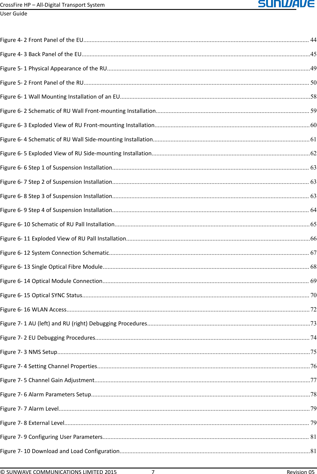CrossFireHP–All-DigitalTransportSystemUserGuide©SUNWAVECOMMUNICATIONSLIMITED20157Revision05Figure4-2FrontPaneloftheEU.............................................................................................................................................44Figure4-3BackPaneloftheEU...............................................................................................................................................45Figure5-1PhysicalAppearanceoftheRU...............................................................................................................................49Figure5-2FrontPaneloftheRU.............................................................................................................................................50Figure6-1WallMountingInstallationofanEU.......................................................................................................................58Figure6-2SchematicofRUWallFront-mountingInstallation................................................................................................59Figure6-3ExplodedViewofRUFront-mountingInstallation.................................................................................................60Figure6-4SchematicofRUWallSide-mountingInstallation..................................................................................................61Figure6-5ExplodedViewofRUSide-mountingInstallation...................................................................................................62Figure6-6Step1ofSuspensionInstallation...........................................................................................................................63Figure6-7Step2ofSuspensionInstallation...........................................................................................................................63Figure6-8Step3ofSuspensionInstallation...........................................................................................................................63Figure6-9Step4ofSuspensionInstallation...........................................................................................................................64Figure6-10SchematicofRUPallInstallation..........................................................................................................................65Figure6-11ExplodedViewofRUPallInstallation...................................................................................................................66Figure6-12SystemConnectionSchematic.............................................................................................................................67Figure6-13SingleOpticalFibreModule.................................................................................................................................68Figure6-14OpticalModuleConnection.................................................................................................................................69Figure6-15OpticalSYNCStatus..............................................................................................................................................70Figure6-16WLANAccess........................................................................................................................................................72Figure7-1AU(left)andRU(right)DebuggingProcedures......................................................................................................73Figure7-2EUDebuggingProcedures......................................................................................................................................74Figure7-3NMSSetup..............................................................................................................................................................75Figure7-4SettingChannelProperties.....................................................................................................................................76Figure7-5ChannelGainAdjustment.......................................................................................................................................77Figure7-6AlarmParametersSetup.........................................................................................................................................78Figure7-7AlarmLevel.............................................................................................................................................................79Figure7-8ExternalLevel.........................................................................................................................................................79Figure7-9ConfiguringUserParameters.................................................................................................................................81Figure7-10DownloadandLoadConfiguration.......................................................................................................................81