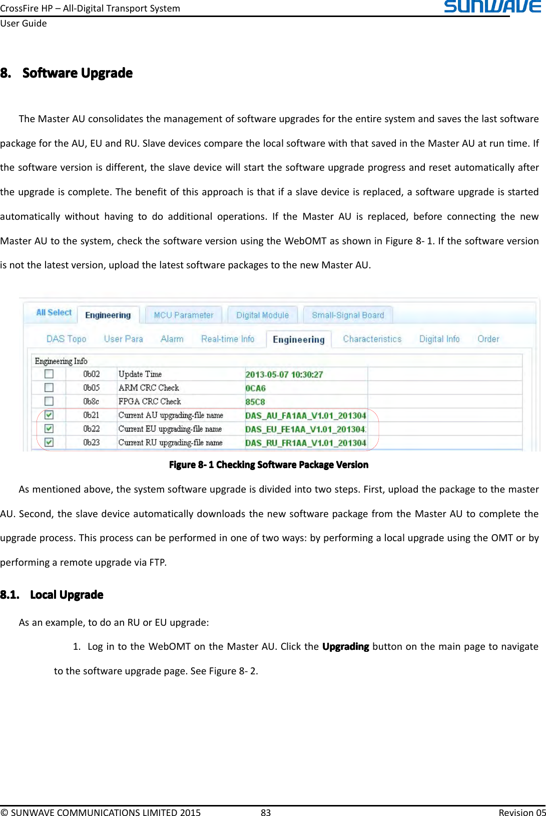 CrossFireHP–All-DigitalTransportSystemUserGuide©SUNWAVECOMMUNICATIONSLIMITED201583Revision058.8.8.8.SoftwareS oftwareSoftwareSoftwareUpgradU pgradUpgradUpgradeeeeTheMasterAUconsolidatesthemanagementofsoftwareupgradesfortheentiresystemandsavesthelastsoftwarepackagefortheAU,EUandRU.SlavedevicescomparethelocalsoftwarewiththatsavedintheMasterAUatruntime.Ifthesoftwareversionisdifferent,theslavedevicewillstartthesoftwareupgradeprogressandresetautomaticallyaftertheupgradeiscomplete.Thebenefitofthisapproachisthatifaslavedeviceisreplaced,asoftwareupgradeisstartedautomaticallywithouthavingtodoadditionaloperations.IftheMasterAUisreplaced,beforeconnectingthenewMasterAUtothesystem,checkthesoftwareversionusingtheWebOMTasshowninFigure8-1.Ifthesoftwareversionisnotthelatestversion,uploadthelatestsoftwarepackagestothenewMasterAU.FigureFigureFigureFigure8888----1111CheckingC heckingCheckingCheckingSoftwareS oftwareSoftwareSoftwarePackageP ackagePackagePackageVersionV ersionVersionVersionAsmentionedabove,thesystemsoftwareupgradeisdividedintotwosteps.First,uploadthepackagetothemasterAU.Second,theslavedeviceautomaticallydownloadsthenewsoftwarepackagefromtheMasterAUtocompletetheupgradeprocess.Thisprocesscanbeperformedinoneoftwoways:byperformingalocalupgradeusingtheOMTorbyperformingaremoteupgradeviaFTP.8.1.8.1.8.1.8.1.LocalL ocalLocalLocalUpgradeU pgradeUpgradeUpgradeAsanexample,todoanRUorEUupgrade:1.LogintotheWebOMTontheMasterAU.ClicktheUpgradingU pgradingUpgradingUpgradingbuttononthemainpagetonavigatetothesoftwareupgradepage.SeeFigure8-2.