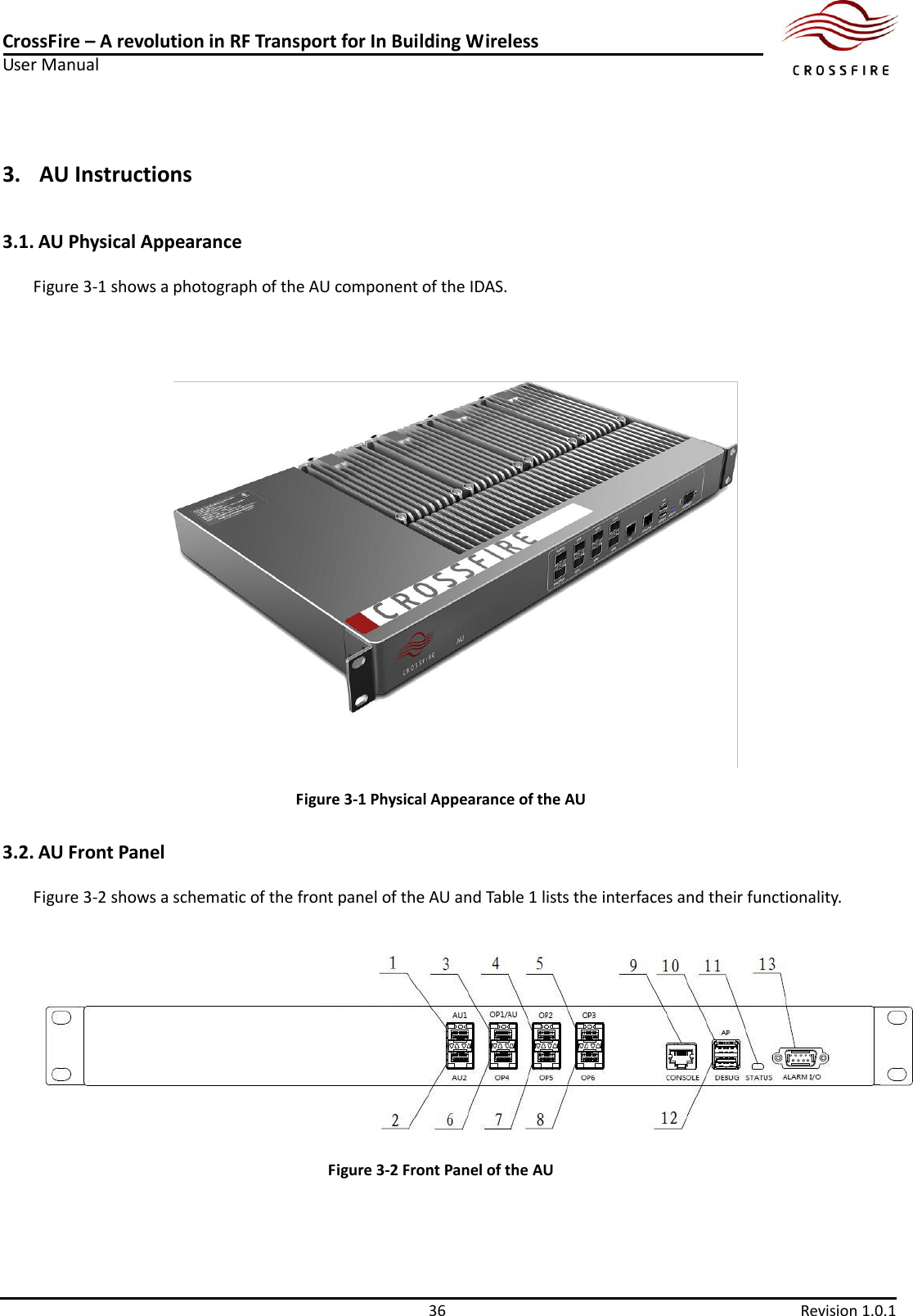 CrossFire – A revolution in RF Transport for In Building Wireless User Manual     36  Revision 1.0.1  3. AU Instructions 3.1. AU Physical Appearance Figure 3-1 shows a photograph of the AU component of the IDAS.  Figure 3-1 Physical Appearance of the AU 3.2. AU Front Panel Figure 3-2 shows a schematic of the front panel of the AU and Table 1 lists the interfaces and their functionality.  Figure 3-2 Front Panel of the AU 