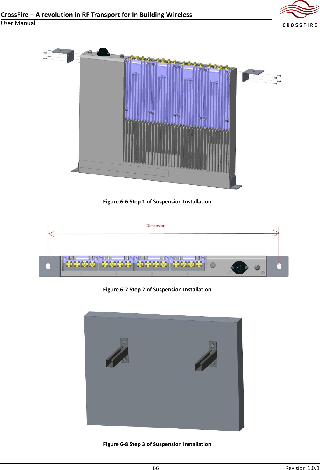 CrossFire – A revolution in RF Transport for In Building Wireless User Manual     66  Revision 1.0.1   Figure 6-6 Step 1 of Suspension Installation  Figure 6-7 Step 2 of Suspension Installation  Figure 6-8 Step 3 of Suspension Installation 