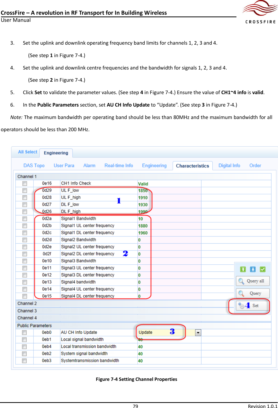 CrossFire – A revolution in RF Transport for In Building Wireless User Manual     79  Revision 1.0.1  3. Set the uplink and downlink operating frequency band limits for channels 1, 2, 3 and 4.   (See step 1 in Figure 7-4.) 4. Set the uplink and downlink centre frequencies and the bandwidth for signals 1, 2, 3 and 4.   (See step 2 in Figure 7-4.) 5. Click Set to validate the parameter values. (See step 4 in Figure 7-4.) Ensure the value of CH1~4 info is valid. 6. In the Public Parameters section, set AU CH Info Update to “Update”. (See step 3 in Figure 7-4.) Note: The maximum bandwidth per operating band should be less than 80MHz and the maximum bandwidth for all operators should be less than 200 MHz.  Figure 7-4 Setting Channel Properties 