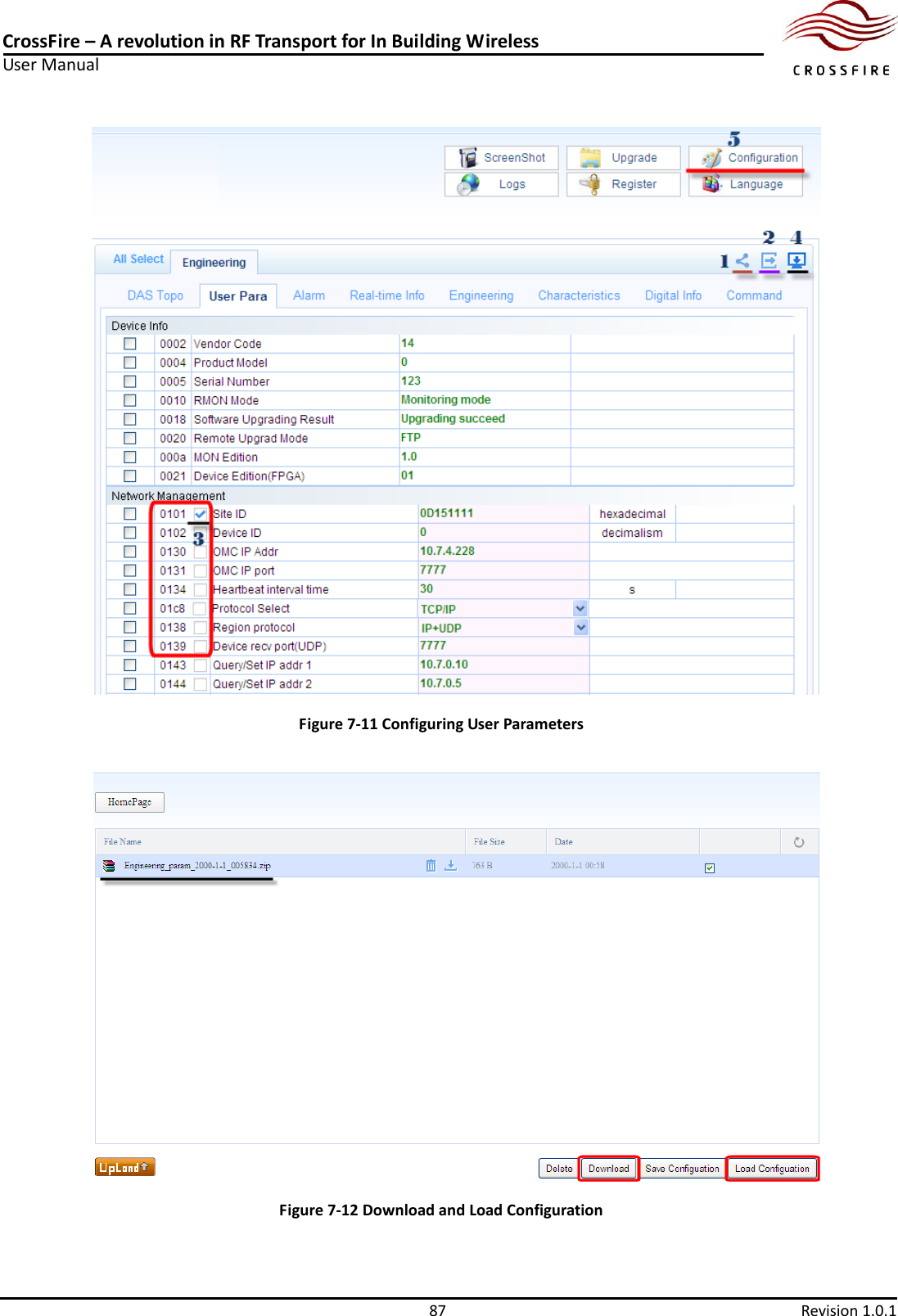 CrossFire – A revolution in RF Transport for In Building Wireless User Manual     87  Revision 1.0.1   Figure 7-11 Configuring User Parameters    Figure 7-12 Download and Load Configuration 