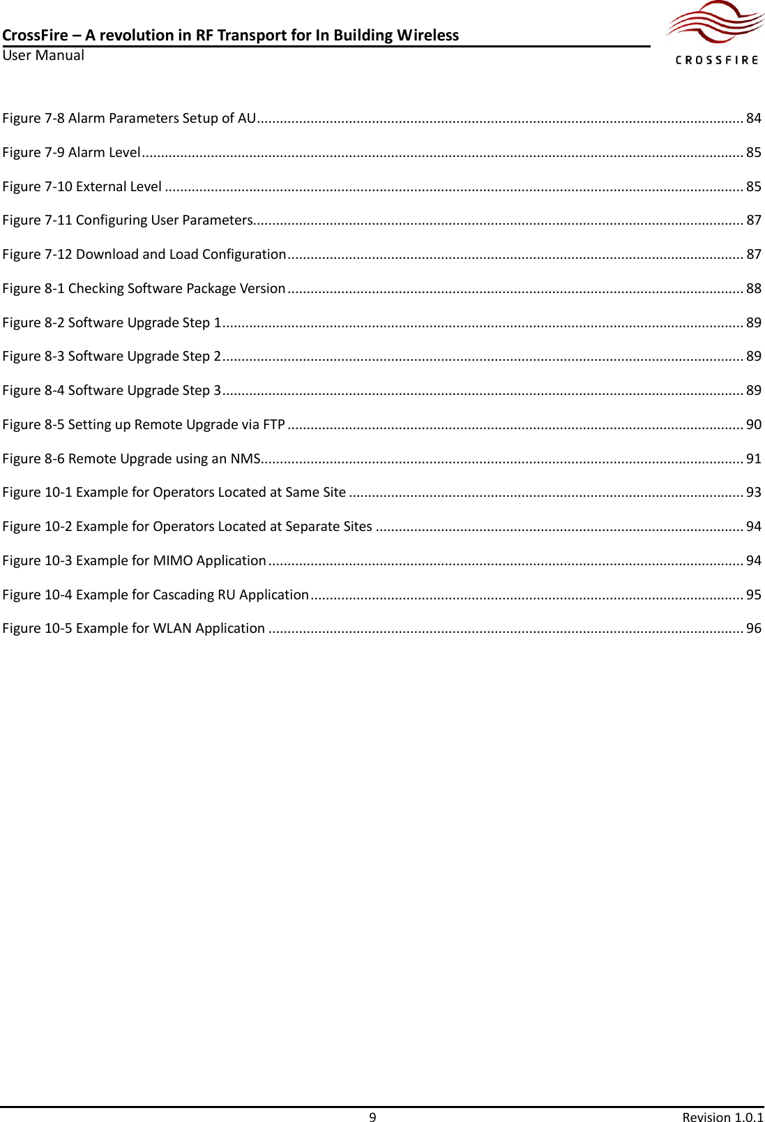 CrossFire – A revolution in RF Transport for In Building Wireless User Manual      9  Revision 1.0.1  Figure 7-8 Alarm Parameters Setup of AU ............................................................................................................................... 84 Figure 7-9 Alarm Level ............................................................................................................................................................. 85 Figure 7-10 External Level ....................................................................................................................................................... 85 Figure 7-11 Configuring User Parameters................................................................................................................................ 87 Figure 7-12 Download and Load Configuration ....................................................................................................................... 87 Figure 8-1 Checking Software Package Version ....................................................................................................................... 88 Figure 8-2 Software Upgrade Step 1 ........................................................................................................................................ 89 Figure 8-3 Software Upgrade Step 2 ........................................................................................................................................ 89 Figure 8-4 Software Upgrade Step 3 ........................................................................................................................................ 89 Figure 8-5 Setting up Remote Upgrade via FTP ....................................................................................................................... 90 Figure 8-6 Remote Upgrade using an NMS .............................................................................................................................. 91 Figure 10-1 Example for Operators Located at Same Site ....................................................................................................... 93 Figure 10-2 Example for Operators Located at Separate Sites ................................................................................................ 94 Figure 10-3 Example for MIMO Application ............................................................................................................................ 94 Figure 10-4 Example for Cascading RU Application ................................................................................................................. 95 Figure 10-5 Example for WLAN Application ............................................................................................................................ 96  