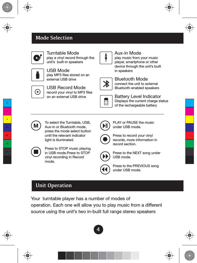 4Mode SelectionUnit OperationTo select the Turntable, USB, Aux-in or Bluetooth mode, press the mode select button until the relevant indicator light is illuminated.Press to STOP music playing in USB mode.Press to STOP vinyl recording in Record mode.PLAY or PAUSE the music under USB mode.Press to record your vinyl records, more information in record section.Press to the NEXT song under USB mode.Press to the PREVIOUS song under USB mode.MTurntable Mode play a vinyl record through the unit’s  built-in speakersUSB Mode play MP3 files stored on an external USB driveUSB Record Moderecord your vinyl to MP3 files on an external USB driveAux-in Modeplay music from your music player, smartphone or other device through the unit’s built in speakersBluetooth Modeconnect the unit to external Bluetooth-enabled speakersBattery Level IndicatorDisplays the current charge status of the rechargeable battery Your  turntable player has a number of modes of operation. Each one will allow you to play music from a different source using the unit’s two in-built full range stereo speakersCMYCMMYCYCMYK