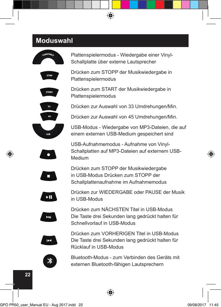 22ModuswahlPlattenspielermodus - Wiedergabe einer Vinyl-Schallplatte über externe Lautsprecher Drücken zum STOPP der Musikwiedergabe in PlattenspielermodusDrücken zum START der Musikwiedergabe in PlattenspielermodusDrücken zur Auswahl von 33 Umdrehungen/Min.Drücken zur Auswahl von 45 Umdrehungen/Min.USB-Modus - Wiedergabe von MP3-Dateien, die auf einem externen USB-Medium gespeichert sind  USB-Aufnahmemodus - Aufnahme von Vinyl-Schallplatten auf MP3-Dateien auf externem USB-MediumDrücken zum STOPP der Musikwiedergabe in USB-Modus Drücken zum STOPP der Schallplattenaufnahme im AufnahmemodusDrücken zur WIEDERGABE oder PAUSE der Musik in USB-ModusDrücken zum NÄCHSTEN Titel in USB-Modus Die Taste drei Sekunden lang gedrückt halten für Schnellvorlauf in USB-Modus Drücken zum VORHERIGEN Titel in USB-Modus Die Taste drei Sekunden lang gedrückt halten für Rücklauf in USB-ModusBluetooth-Modus - zum Verbinden des Geräts mit externen Bluetooth-fähigen LautsprechernGPO PR50_user_Manual EU - Aug 2017.indd   22 09/08/2017   11:45