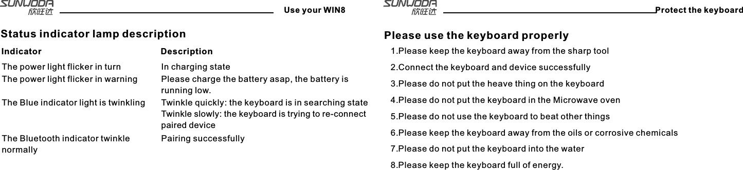 Protect the keyboardPlease use the keyboard properly1. Please keep the keyboard away from the sharp tool2. Connect the keyboard and device successfully 3. Please do not put the heave thing on the keyboard4. Please do not put the keyboard in the Microwave oven5. Please do not use the keyboard to beat other things6. Please keep the keyboard away from the oils or corrosive chemicals7. Please do not put the keyboard into the water8. Please keep the keyboard full of energy. Status indicator lamp descriptionIndicator     Description     The power light flicker in turn     In charging state     The power light flicker in warning     Please charge the battery asap, the battery is running low.     The Blue indicator light is twinkling     Twinkle quickly: the keyboard is in searching state     Twinkle slowly: the keyboard is trying to re-connect paired device     The Bluetooth indicator twinkle normally     Pairing successfullyUse your WIN8