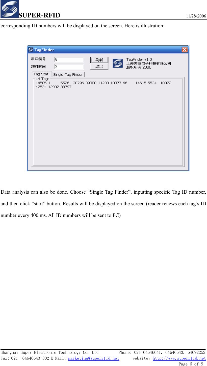 SUPER-RFID                             11/28/2006  Shanghai Super Electronic Technology Co. Ltd         Phone: 021-64646641, 64646643, 64692252  Fax: 021－64646643-802 E-Mail: marketing@superrfid.net      website：http://www.superrfid.net               Page 6 of 9  corresponding ID numbers will be displayed on the screen. Here is illustration:    Data analysis can also be done. Choose “Single Tag Finder”, inputting specific Tag ID number, and then click “start” button. Results will be displayed on the screen (reader renews each tag’s ID number every 400 ms. All ID numbers will be sent to PC) 
