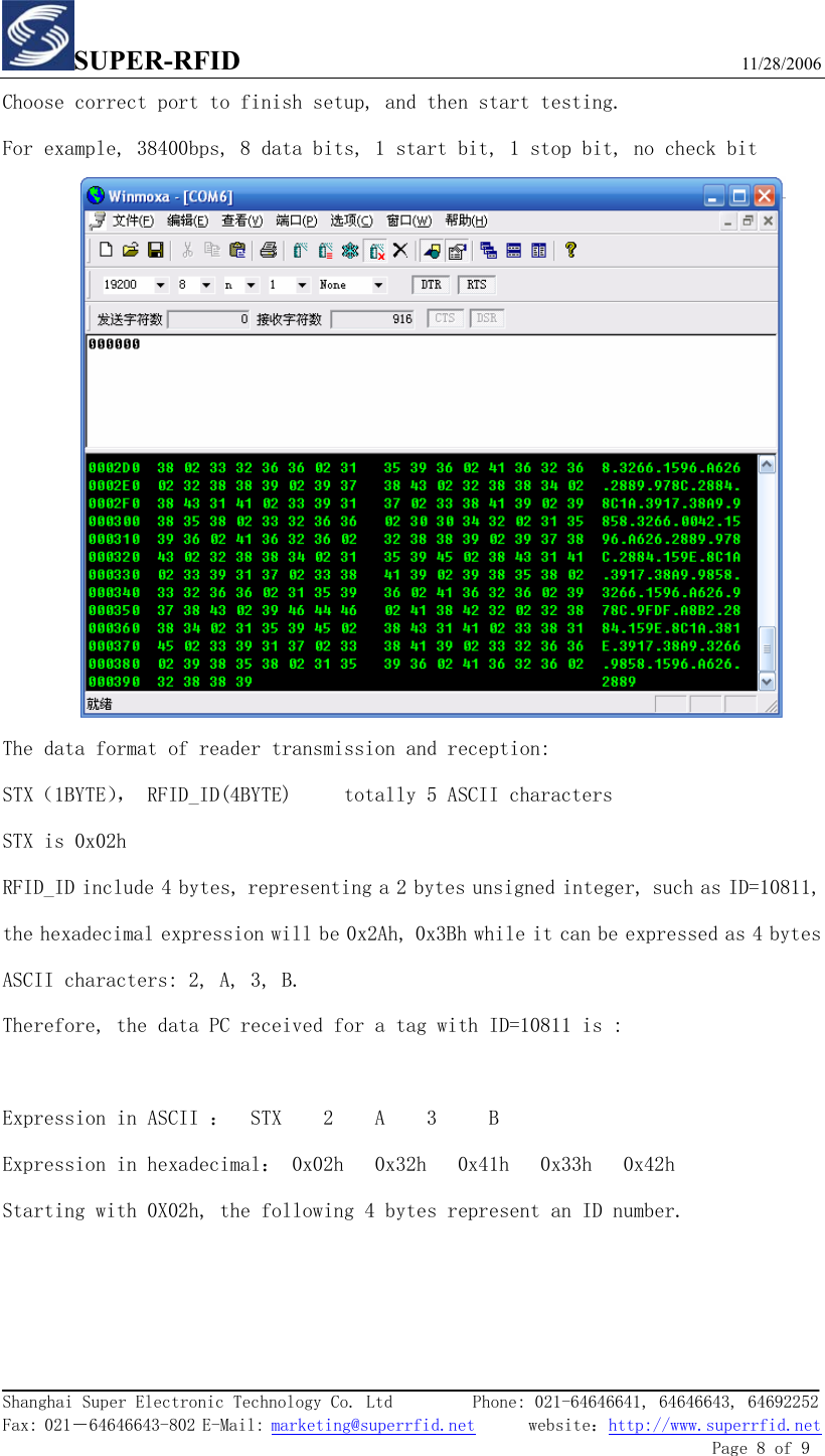 SUPER-RFID                             11/28/2006  Shanghai Super Electronic Technology Co. Ltd         Phone: 021-64646641, 64646643, 64692252  Fax: 021－64646643-802 E-Mail: marketing@superrfid.net      website：http://www.superrfid.net               Page 8 of 9  Choose correct port to finish setup, and then start testing. For example, 38400bps, 8 data bits, 1 start bit, 1 stop bit, no check bit   The data format of reader transmission and reception: STX（1BYTE）， RFID_ID(4BYTE)     totally 5 ASCII characters STX is 0x02h  RFID_ID include 4 bytes, representing a 2 bytes unsigned integer, such as ID=10811, the hexadecimal expression will be 0x2Ah, 0x3Bh while it can be expressed as 4 bytes ASCII characters: 2, A, 3, B. Therefore, the data PC received for a tag with ID=10811 is :   Expression in ASCII ：  STX    2    A    3     B   Expression in hexadecimal： 0x02h   0x32h   0x41h   0x33h   0x42h Starting with 0X02h, the following 4 bytes represent an ID number.    