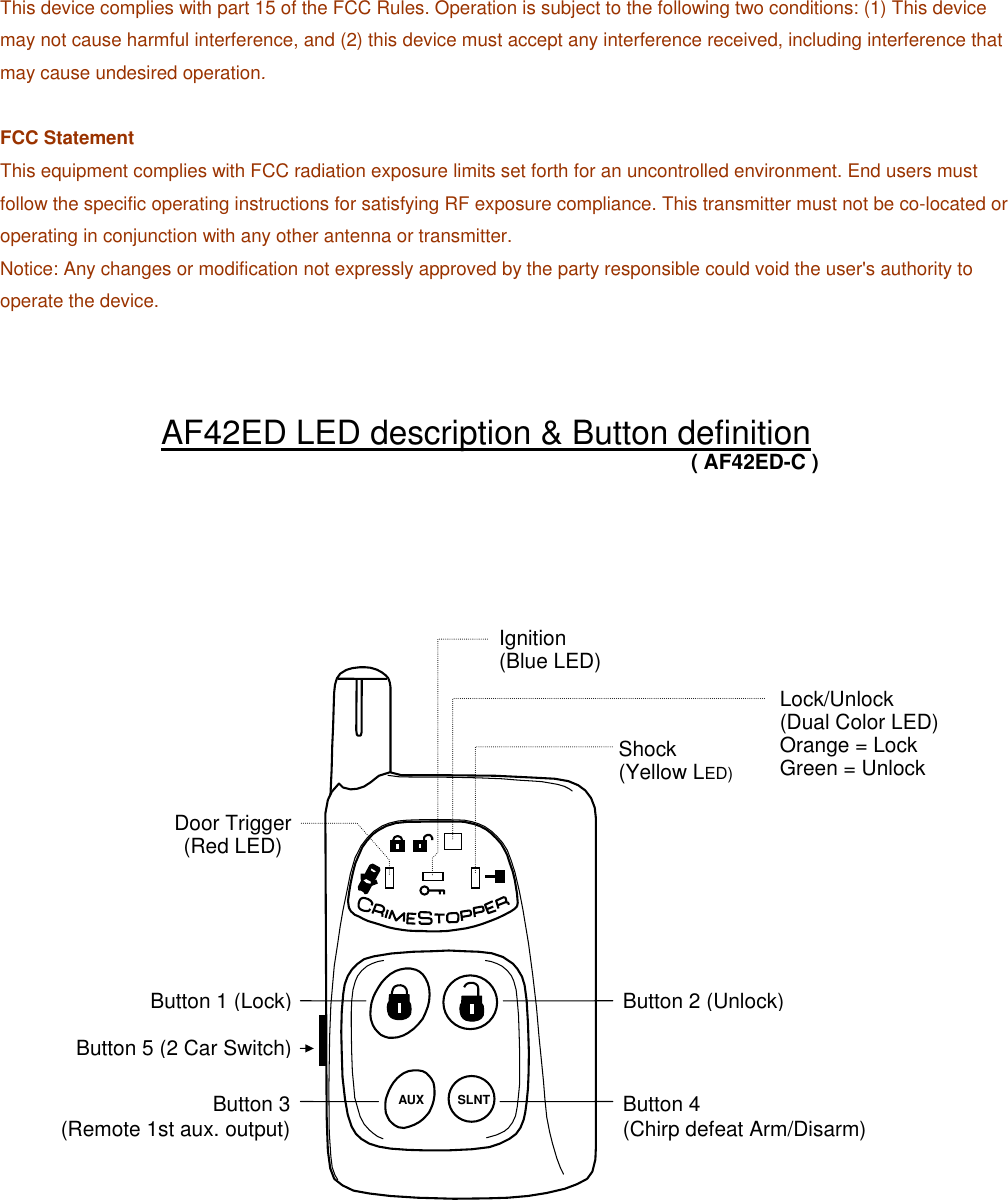 This device complies with part 15 of the FCC Rules. Operation is subject to the following two conditions: (1) This device may not cause harmful interference, and (2) this device must accept any interference received, including interference that may cause undesired operation.   FCC Statement This equipment complies with FCC radiation exposure limits set forth for an uncontrolled environment. End users must follow the specific operating instructions for satisfying RF exposure compliance. This transmitter must not be co-located or operating in conjunction with any other antenna or transmitter.   Notice: Any changes or modification not expressly approved by the party responsible could void the user&apos;s authority to operate the device.  Lock/Unlock (Dual Color LED)Orange = Lock Green = Unlock Door Trigger (Red LED) Shock(Yellow LED)Ignition(Blue LED)AUX SLNTButton 3 (Remote 1st aux. output) Button 5 (2 Car Switch) Button 1 (Lock) Button 4 (Chirp defeat Arm/Disarm) Button 2 (Unlock) ( AF42ED-C ) AF42ED LED description &amp; Button definition 