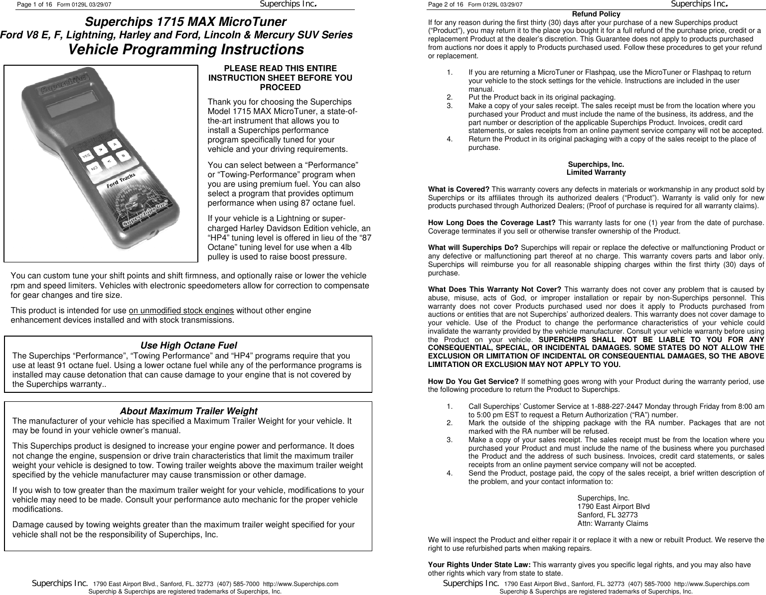 Page 1 of 8 - Superchips-Inc Superchips-Inc-Car-Stereo-System-1715-Maz-Users-Manual 0129L - Ford 1715 Manual Less DTC Codes