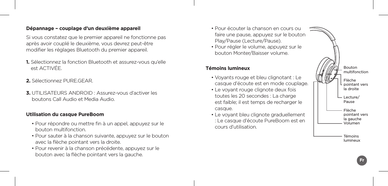 FrDépannage – couplage d’un deuxième appareilSi vous constatez que le premier appareil ne fonctionne pas après avoir couplé le deuxième, vous devrez peut-être  modiﬁer les réglages Bluetooth du premier appareil.1.  Sélectionnez la fonction Bluetooth et assurez-vous qu’elle est ACTIVÉE.2. Sélectionnez PURE.GEAR.3.  UTILISATEURS ANDROID : Assurez-vous d’activer les  boutons Call Audio et Media Audio.Utilisation du casque PureBoom•  Pour répondre ou mettre ﬁn à un appel, appuyez sur le bouton multifonction.•  Pour sauter à la chanson suivante, appuyez sur le bouton avec la ﬂèche pointant vers la droite.•  Pour revenir à la chanson précédente, appuyez sur le bouton avec la ﬂèche pointant vers la gauche.•  Pour écouter la chanson en cours ou faire une pause, appuyez sur le bouton Play/Pause (Lecture/Pause).•  Pour régler le volume, appuyez sur le bouton Monter/Baisser volume.Témoins lumineux•  Voyants rouge et bleu clignotant : Le casque d’écoute est en mode couplage.•  Le voyant rouge clignote deux fois toutes les 20 secondes : La charge est faible; il est temps de recharger le casque.•  Le voyant bleu clignote graduellement : Le casque d’écoute PureBoom est en cours d’utilisation.Bouton  multifonctionFlèche pointant vers la droiteFlèche pointant vers la gaucheLecture/PauseVolumen Témoins lumineux