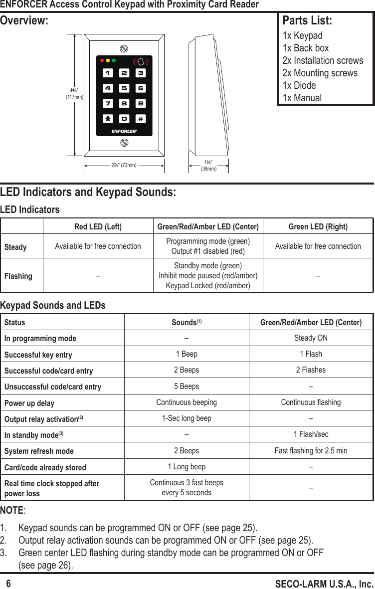 27&frasl;8&rdquo; (73mm) 1&frac12;&rdquo; (38mm)45&frasl;8&rdquo; (117mm)6ENFORCER Access Control Keypad with Proximity Card ReaderSECO-LARM U.S.A., Inc.Overview:LED Indicators and Keypad Sounds:Parts List:1x Keypad 1x Back box 2x Installation screws 2x Mounting screws 1x Diode 1x ManualKeypad Sounds and LEDsStatus Sounds(1) Green/Red/Amber LED (Center)In programming mode &ndash; Steady ONSuccessful key entry 1 Beep 1 FlashSuccessful code/card entry 2 Beeps 2 FlashesUnsuccessful code/card entry 5 Beeps &ndash;Power up delay Continuous beeping Continuous ashingOutput relay activation(2) 1-Sec long beep &ndash;In standby mode(3) &ndash;1 Flash/secSystem refresh mode 2 Beeps Fast ashing for 2.5 minCard/code already stored 1 Long beep &ndash;Real time clock stopped after power lossContinuous 3 fast beeps every 5 seconds &ndash;NOTE:1.  Keypad sounds can be programmed ON or OFF (see page 25).2.  Output relay activation sounds can be programmed ON or OFF (see page 25).3.  Green center LED ashing during standby mode can be programmed ON or OFF  (see page 26).LED IndicatorsRed LED (Left) Green/Red/Amber LED (Center) Green LED (Right)Steady Available for free connection Programming mode (green)Output #1 disabled (red) Available for free connectionFlashing &ndash;Standby mode (green)Inhibit mode paused (red/amber)Keypad Locked (red/amber)&ndash;