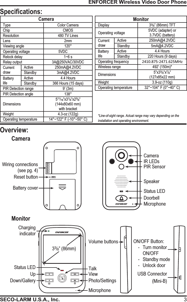 ENFORCER Wireless Video Door PhoneSECO-LARM U.S.A., Inc. 3   Reset Camera Camera Type Color Camera Chip CMOS Resolution 480 TV Lines Lens 2mm Viewing angle 120&deg; Operating voltage         5VDC Relock delay 1~6 s Relay output 3A@250VAC/30VDC Current draw Active 250mA@4.2VDC Standby 3mA@4.2VDC Battery life Active 4.4 Hours Standby 366 Hours (15 days) PIR Detection range 9&rsquo; (3m) PIR Detection angle 138&deg; Dimensions 511/16&rdquo;x31/8&rdquo;x23/8&rdquo; (144x80x60 mm) with bracket Weight 4.3-oz (122g) Operating temperature 14&deg;~122&deg; F (-10&deg;~50&deg; C) Monitor Display 33/8&rdquo; (86mm) TFT Operating voltage  5VDC (adapter) or  3.7VDC (battery) Current draw Active 250mA@4.2VDC Standby 5mA@4.2VDC Battery life Active 4.4 Hours Standby 220 Hours (9 days) Operating frequency 2.411-2.471GHz Wireless range 492&rsquo; (150m)* Dimensions 5&rdquo;x33/8&rdquo;x7/8&rdquo; (127x85x22 mm) Weight 3.9-oz (110g) Operating temperature 32&deg;~104&deg; F (0&deg;~40&deg; C)  Monitor 33/8&rdquo; (86mm) *Line-of-sight range. Actual range may vary depending on the installation and operating environment. Overview: Specifications: Wiring connections (see pg. 4) Reset button Battery cover Camera IR LEDs PIR Sensor Speaker Status LED Doorbell Microphone Volume buttons ON/OFF Button: -Turn monitor ON/OFF -Standby mode - Unlock door USB Connector (Mini-B) View Photo/Settings Microphone Talk Up Down/Gallery Charging indicator Status LED 2410.875-2471.625MHz