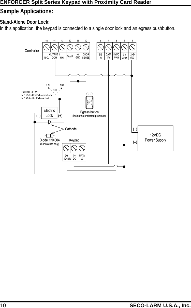 ENFORCER Split Series Keypad with Proximity Card Reader 10 SECO-LARM U.S.A., Inc.    Sample Applications: In this application, the keypad is connected to a single door lock and an egress pushbutton. Stand-Alone Door Lock: 