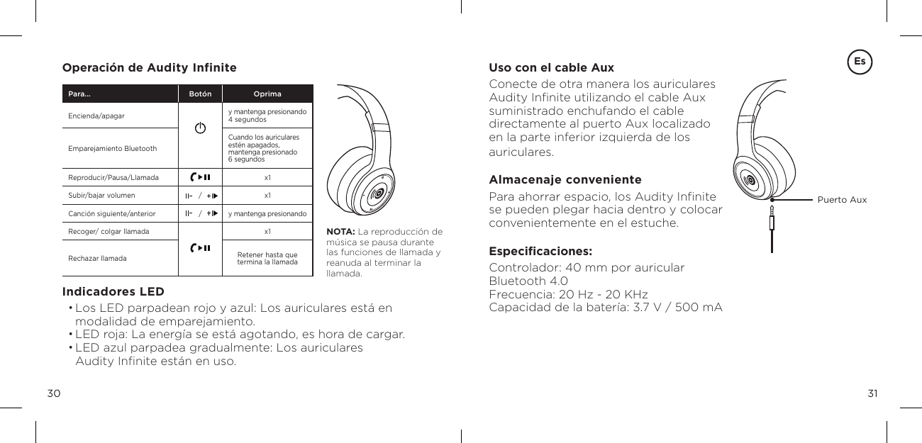 3130Operaci&oacute;n de Audity Infinite Uso con el cable AuxConecte de otra manera los auriculares  Audity Inﬁnite utilizando el cable Aux  suministrado enchufando el cable  directamente al puerto Aux localizado  en la parte inferior izquierda de los  auriculares.Almacenaje convenientePara ahorrar espacio, los Audity Inﬁnite  se pueden plegar hacia dentro y colocar  convenientemente en el estuche.Especiﬁcaciones:Controlador: 40 mm por auricular Bluetooth 4.0 Frecuencia: 20 Hz - 20 KHz Capacidad de la bater&iacute;a: 3.7 V / 500 mAPuerto AuxIndicadores LED&bull; Los LED parpadean rojo y azul: Los auriculares est&aacute; en modalidad de emparejamiento.&bull; LED roja: La energ&iacute;a se est&aacute; agotando, es hora de cargar.&bull; LED azul parpadea gradualmente: Los auriculares  Audity Inﬁnite est&aacute;n en uso.NOTA: La reproducci&oacute;n de m&uacute;sica se pausa durante  las funciones de llamada y  reanuda al terminar la llamada. Para... Bot&oacute;n OprimaEncienda/apagar  y mantenga presionando 4 segundosEmparejamiento BluetoothCuando los auriculares est&eacute;n apagados,  mantenga presionado  6 segundosReproducir/Pausa/Llamada x1Subir/bajar volumen / x1Canci&oacute;n siguiente/anterior / y mantenga presionando Recoger/ colgar llamada x1Rechazar llamada Retener hasta que termina la llamadaEs