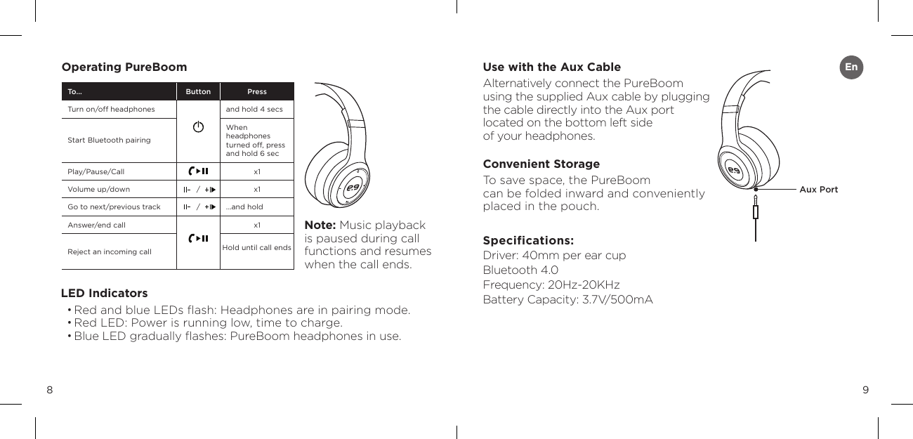 98Use with the Aux CableAlternatively connect the PureBoom  using the supplied Aux cable by plugging  the cable directly into the Aux port  located on the bottom left side  of your headphones.Convenient StorageTo save space, the PureBoom  can be folded inward and conveniently  placed in the pouch.Specifications: Driver: 40mm per ear cup Bluetooth 4.0 Frequency: 20Hz-20KHz Battery Capacity: 3.7V/500mAOperating PureBoomLED Indicators&bull;  Red and blue LEDs ﬂash: Headphones are in pairing mode.&bull; Red LED: Power is running low, time to charge.&bull;  Blue LED gradually ﬂashes: PureBoom headphones in use.Aux PortNote: Music playback is paused during call functions and resumes when the call ends.To... Button PressTurn on/off headphones and hold 4 secsStart Bluetooth pairingWhen  headphones turned off, press and hold 6 secPlay/Pause/Call x1Volume up/down / x1Go to next/previous track / ...and hold Answer/end call x1Reject an incoming call Hold until call endsEn