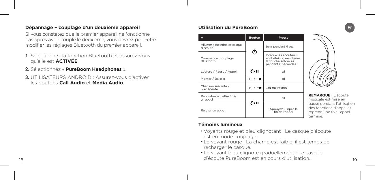 1918D&eacute;pannage &ndash; couplage d&rsquo;un deuxi&egrave;me appareilSi vous constatez que le premier appareil ne fonctionne  pas apr&egrave;s avoir coupl&eacute; le deuxi&egrave;me, vous devrez peut-&ecirc;tre modiﬁer les r&eacute;glages Bluetooth du premier appareil.1. S&eacute;lectionnez la fonction Bluetooth et assurez-vous qu&rsquo;elle est ACTIV&Eacute;E.2. S&eacute;lectionnez &laquo; PureBoom Headphones &raquo;.3. UTILISATEURS ANDROID : Assurez-vous d&rsquo;activer  les boutons Call Audio et Media Audio.Utilisation du PureBoomT&eacute;moins lumineux&bull;  Voyants rouge et bleu clignotant : Le casque d&rsquo;&eacute;coute est en mode couplage.&bull; Le voyant rouge : La charge est faible; il est temps de  recharger le casque.&bull; Le voyant bleu clignote graduellement : Le casque d&rsquo;&eacute;coute PureBoom est en cours d&rsquo;utilisation.REMARQUE : L&rsquo;&eacute;coute musicale est mise en pause pendant l&rsquo;utilisation des fonctions d&rsquo;appel et reprend une fois l&rsquo;appel termin&eacute;.&Agrave; Bouton PresseAllumer / &eacute;teindre les casque d&rsquo;&eacute;coute tenir pendant 4 secCommencer couplage Bluetoothlorsque les &eacute;couteurs sont &eacute;teints, maintenez la touche enfonc&eacute;e pendant 6 secondesLecture / Pause / Appel  x1Monter / Baisser / x1Chanson suivante /  pr&eacute;c&eacute;dente / ...et maintenez R&eacute;pondre ou mettre ﬁn &agrave; un appel x1Rejeter un appel Appuyez jusqu&rsquo;&agrave; la  ﬁn de l&rsquo;appelFr