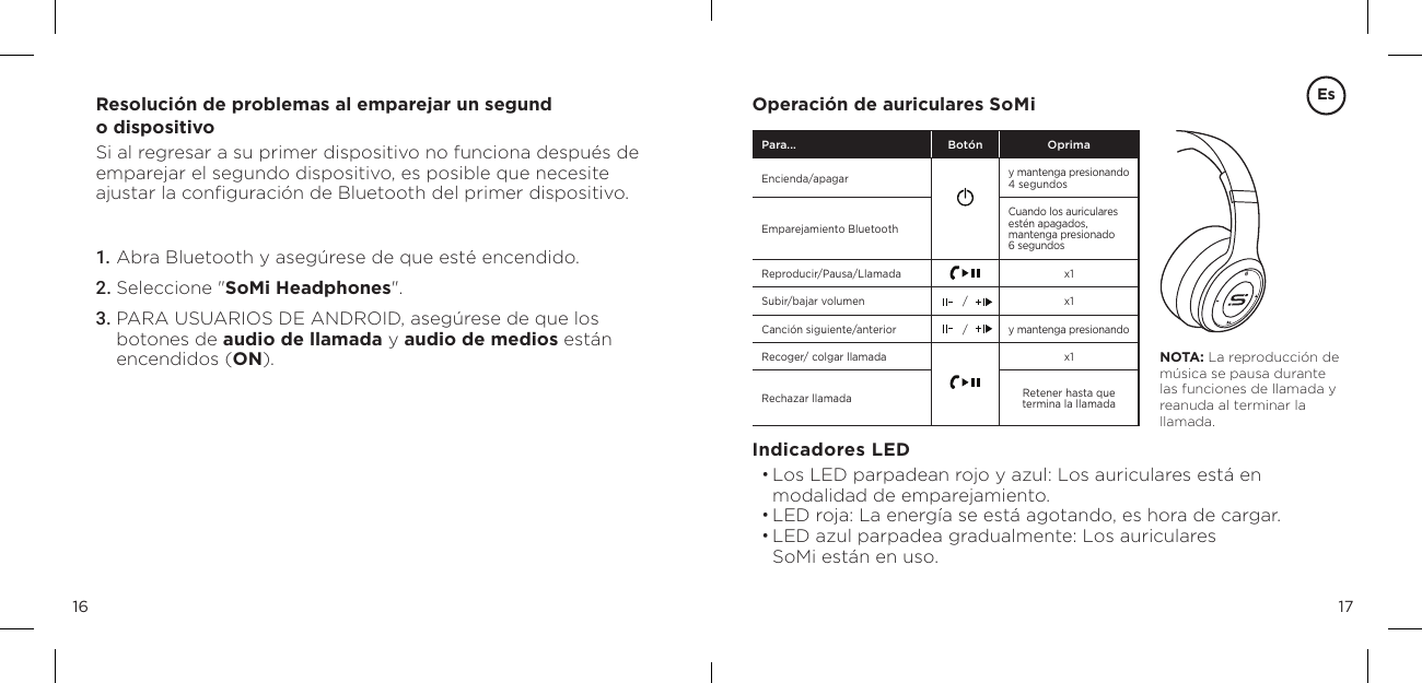 1716Resoluci&oacute;n de problemas al emparejar un segund o dispositivo Si al regresar a su primer dispositivo no funciona despu&eacute;s de  emparejar el segundo dispositivo, es posible que necesite  ajustar la conﬁguraci&oacute;n de Bluetooth del primer dispositivo.1. Abra Bluetooth y aseg&uacute;rese de que est&eacute; encendido.2. Seleccione "SoMi Headphones".3. PARA USUARIOS DE ANDROID, aseg&uacute;rese de que los  botones de audio de llamada y audio de medios est&aacute;n  encendidos (ON).Operaci&oacute;n de auriculares SoMiIndicadores LED&bull; Los LED parpadean rojo y azul: Los auriculares est&aacute; en modalidad de emparejamiento.&bull; LED roja: La energ&iacute;a se est&aacute; agotando, es hora de cargar.&bull; LED azul parpadea gradualmente: Los auriculares  SoMi est&aacute;n en uso.NOTA: La reproducci&oacute;n de m&uacute;sica se pausa durante  las funciones de llamada y  reanuda al terminar la llamada. Para... Bot&oacute;n OprimaEncienda/apagar  y mantenga presionando 4 segundosEmparejamiento BluetoothCuando los auriculares est&eacute;n apagados,  mantenga presionado  6 segundosReproducir/Pausa/Llamada x1Subir/bajar volumen / x1Canci&oacute;n siguiente/anterior / y mantenga presionando Recoger/ colgar llamada x1Rechazar llamada Retener hasta que termina la llamadaEs