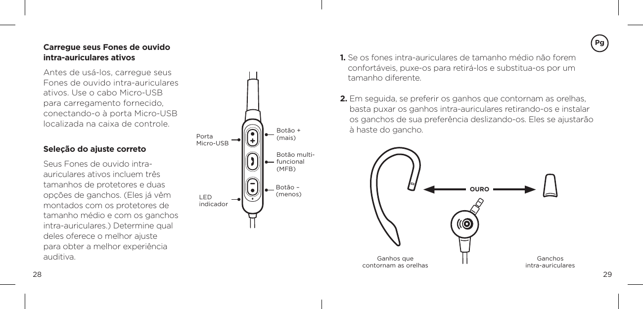 2928Bot&atilde;o + (mais)Bot&atilde;o &ndash; (menos)Bot&atilde;o multi-funcional (MFB) Carregue seus Fones de ouvido intra-auriculares ativosAntes de us&aacute;-los, carregue seus Fones de ouvido intra-auriculares ativos. Use o cabo Micro-USB para carregamento fornecido, conectando-o &agrave; porta Micro-USB localizada na caixa de controle.  Sele&ccedil;&atilde;o do ajuste corretoSeus Fones de ouvido intra- auriculares ativos incluem tr&ecirc;s tamanhos de protetores e duas op&ccedil;&otilde;es de ganchos. (Eles j&aacute; v&ecirc;m montados com os protetores de tamanho m&eacute;dio e com os ganchos intra-auriculares.) Determine qual deles oferece o melhor ajuste para obter a melhor experi&ecirc;ncia auditiva.LED  indicador   Porta  Micro-USBGanhos que  contornam as orelhas  Ganchos  intra-auricularesOURO1.  Se os fones intra-auriculares de tamanho m&eacute;dio n&atilde;o forem confort&aacute;veis, puxe-os para retir&aacute;-los e substitua-os por um tamanho diferente.2.  Em seguida, se preferir os ganhos que contornam as orelhas, basta puxar os ganhos intra-auriculares retirando-os e instalar os ganchos de sua prefer&ecirc;ncia deslizando-os. Eles se ajustar&atilde;o &agrave; haste do gancho.  Pg