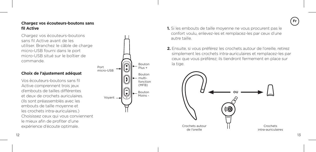 1312Bouton Plus +Bouton Moins -Bouton  multi-fonction (MFB)Chargez vos &eacute;couteurs-boutons sans ﬁl ActiveChargez vos &eacute;couteurs-boutons sans ﬁl Active avant de les  utiliser. Branchez le c&acirc;ble de charge micro-USB fourni dans le port micro-USB situ&eacute; sur le bo&icirc;tier de commande.   Choix de l&rsquo;ajustement ad&eacute;quatVos &eacute;couteurs-boutons sans ﬁl  Active comprennent trois jeux  d&rsquo;embouts de tailles diff&eacute;rentes  et deux de crochets auriculaires.  (Ils sont pr&eacute;assembl&eacute;s avec les  embouts de taille moyenne et les crochets intra-auriculaires.)  Choisissez ceux qui vous conviennent le mieux aﬁn de proﬁter d&rsquo;une  exp&eacute;rience d&rsquo;&eacute;coute optimale.Voyant   Port  micro-USBCrochets autour  de l&rsquo;oreille  Crochets  intra-auriculairesOU1.  Si les embouts de taille moyenne ne vous procurent pas le confort voulu, enlevez-les et remplacez-les par ceux d&rsquo;une autre taille.2.  Ensuite, si vous pr&eacute;f&eacute;rez les crochets autour de l&rsquo;oreille, retirez simplement les crochets intra-auriculaires et remplacez-les par ceux que vous pr&eacute;f&eacute;rez; ils tiendront fermement en place sur la tige.  Fr