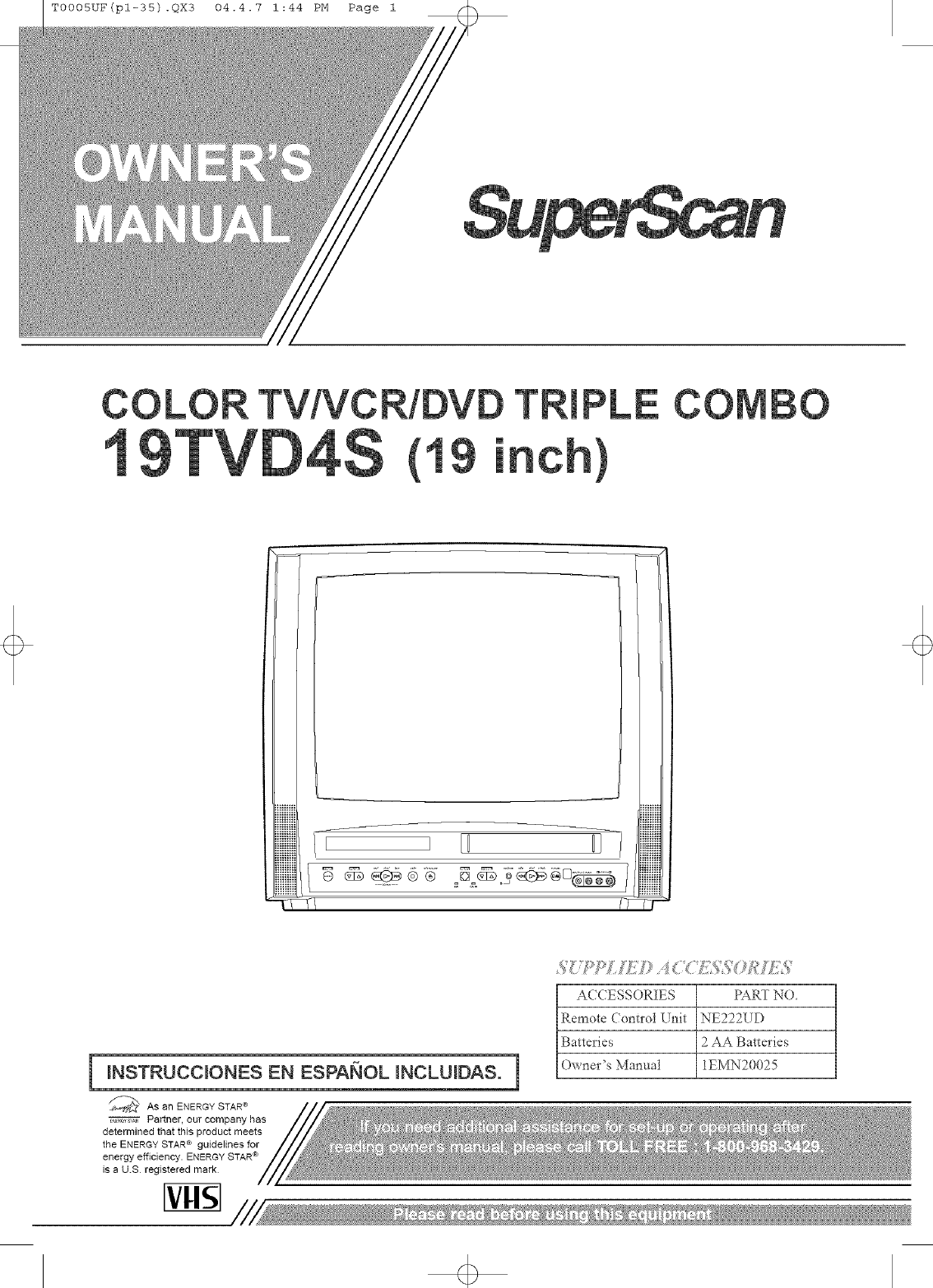 Superscan 19TVD4S User Manual COLOR TV/DVD/VCR Manuals And Guides L0406298