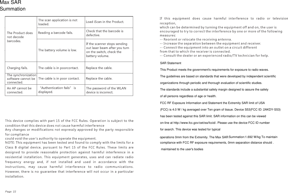 SAR StatementThis Product meets the government&apos;s requirements for exposure to radio waves. The guidelines are based on standards that were developed by independent scientific organizations through periodic and thorough evaluation of scientific studies. The standards include a substantial safety margin designed to assure the safety of all persons regardless of age or health.FCC RF Exposure Information and Statement the Extremity SAR limit of USA (FCC) is 4.0 W / kg averaged over Ten gram of tissue. Device S53(FCC ID: 2AKDY-S53) has been tested against this SAR limit. SAR information on this can be viewedon-line at http://www.fcc.gov/oet/ea/fccid/. Please use the device FCC ID number for search. This device was tested for typicalcompliance with FCC RF exposure requirements, 0mm separation distance should . maintained to the user&apos;s bodiesMax SARSummationoperations 0mm from the Extremity. The Max SARSummation:1.692 W/kg To maintain 
