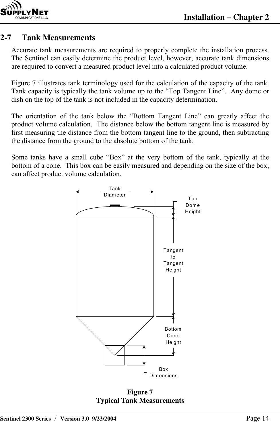 SU P P L YNE TC O M M U N I C A T I O N S   L . L . C . Installation &ndash; Chapter 2   Sentinel 2300 Series  /  Version 3.0  9/23/2004  Page 14 2-7 Tank Measurements Accurate tank measurements are required to properly complete the installation process.  The Sentinel can easily determine the product level, however, accurate tank dimensions are required to convert a measured product level into a calculated product volume.  Figure 7 illustrates tank terminology used for the calculation of the capacity of the tank.  Tank capacity is typically the tank volume up to the &ldquo;Top Tangent Line&rdquo;.  Any dome or dish on the top of the tank is not included in the capacity determination.  The orientation of the tank below the &ldquo;Bottom Tangent Line&rdquo; can greatly affect the product volume calculation.  The distance below the bottom tangent line is measured by first measuring the distance from the bottom tangent line to the ground, then subtracting the distance from the ground to the absolute bottom of the tank.  Some tanks have a small cube &ldquo;Box&rdquo; at the very bottom of the tank, typically at the bottom of a cone.  This box can be easily measured and depending on the size of the box, can affect product volume calculation.  TankDiameterTangenttoTangentHeightBottomConeHeightTopDomeHeightBoxDimensions Figure 7 Typical Tank Measurements 